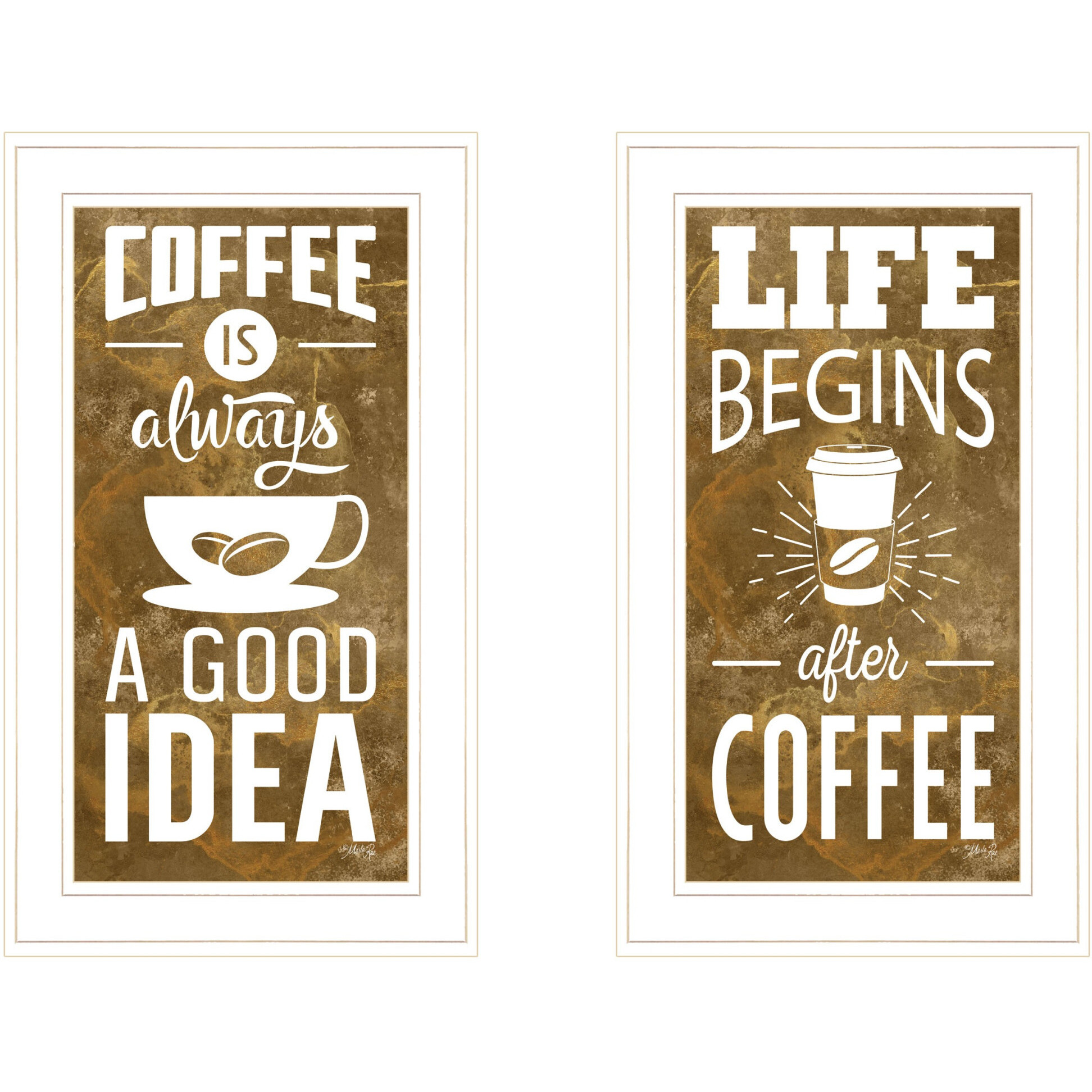 Set Of Two Life Begins and Ends With Coffee White Framed Print Wall Art