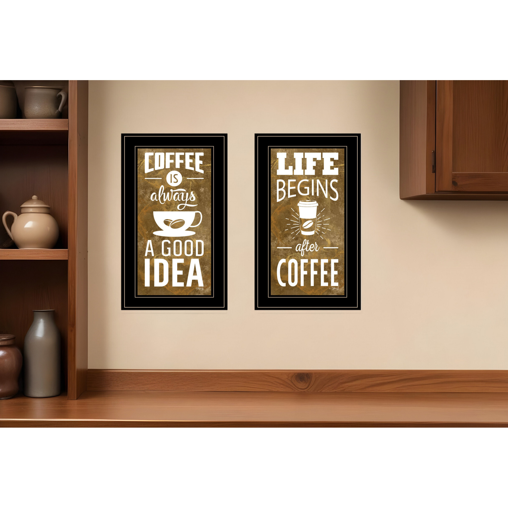 Set Of Two Life Begins and Ends With Coffee Black Framed Print Wall Art