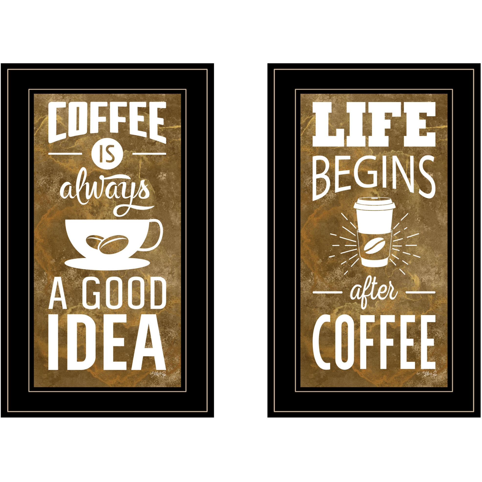 Set Of Two Life Begins and Ends With Coffee Black Framed Print Wall Art