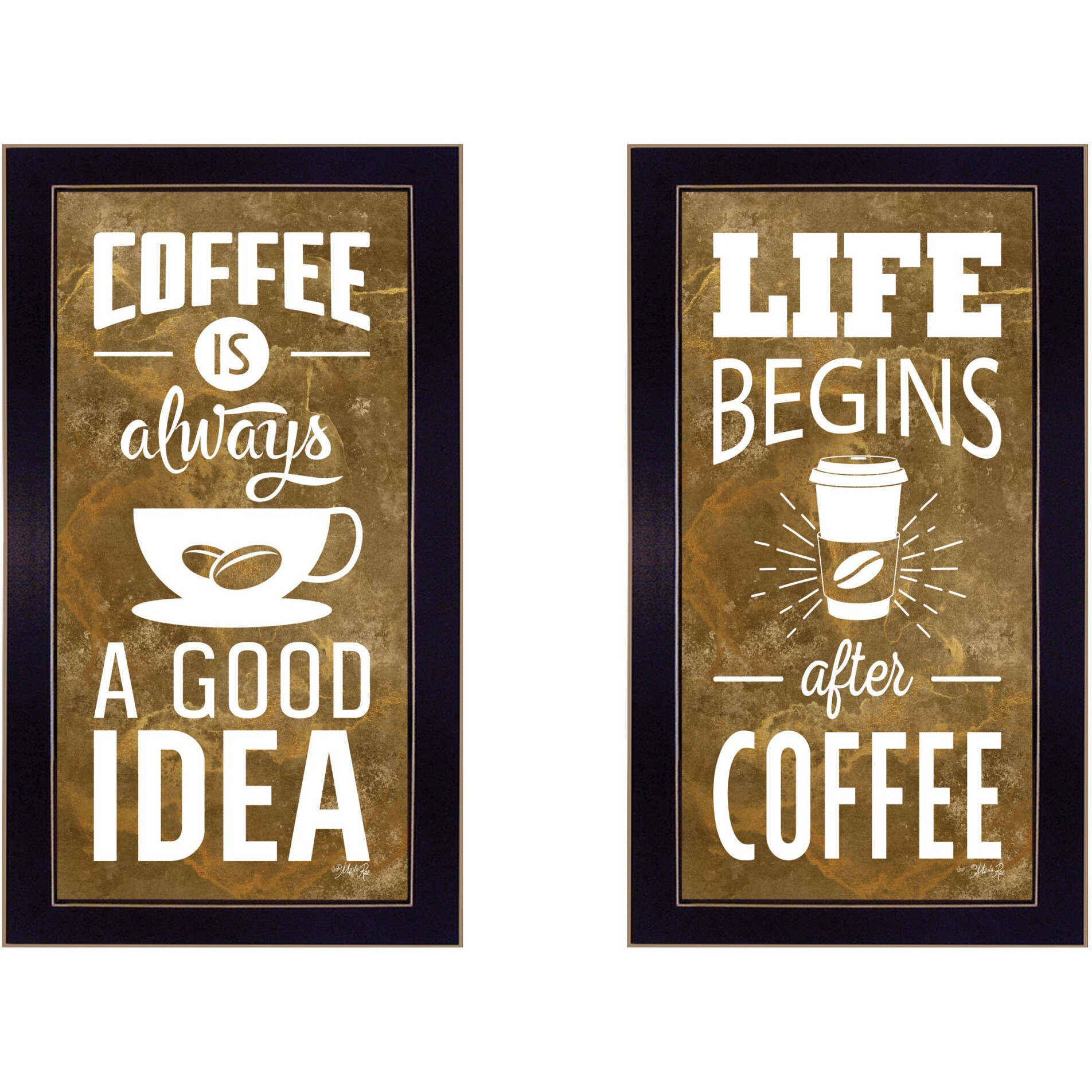 Set Of Two Life Begins and Ends With Coffee Black Framed Print Wall Art