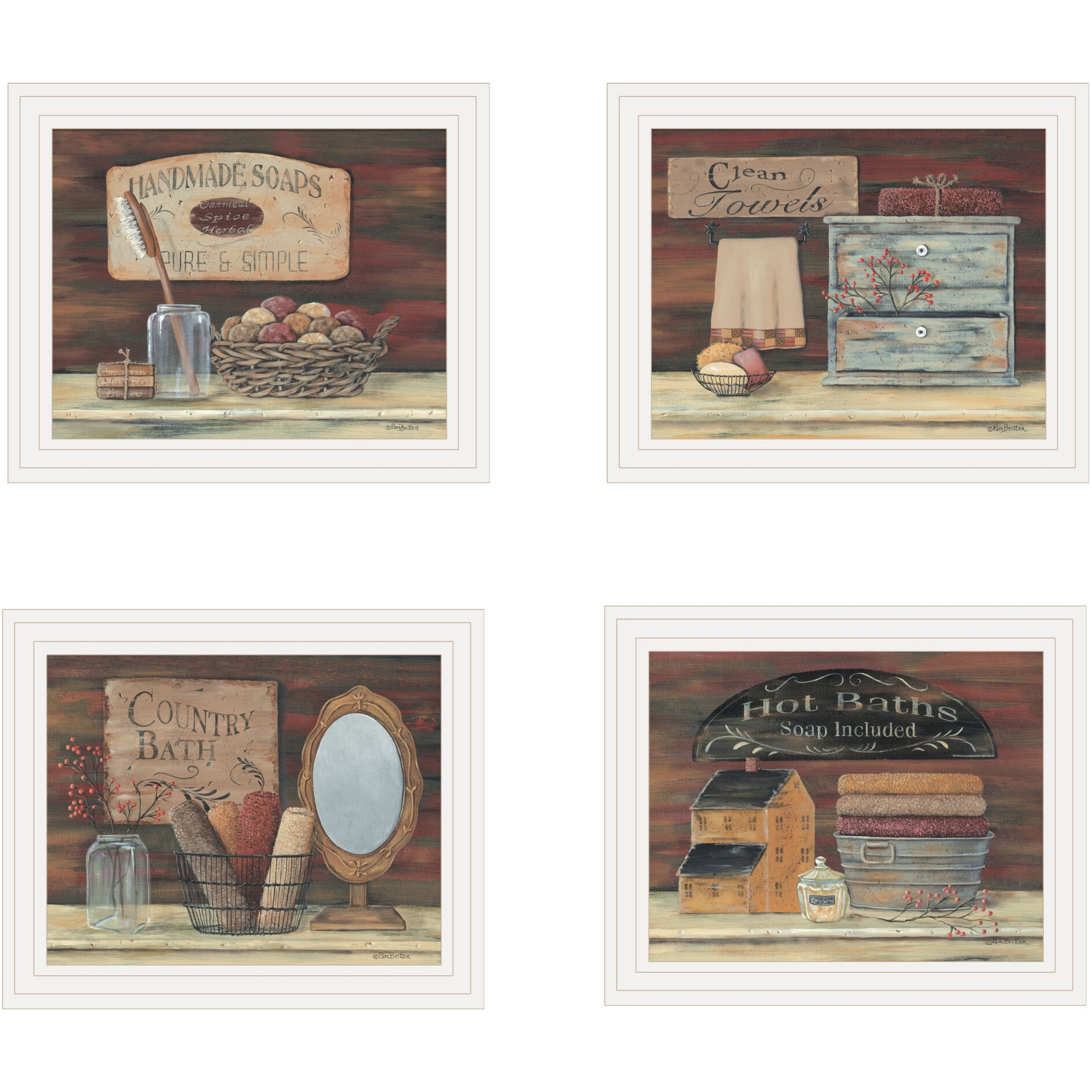 Set Of Four Country Bathroom White Framed Print Bathroom Wall Art