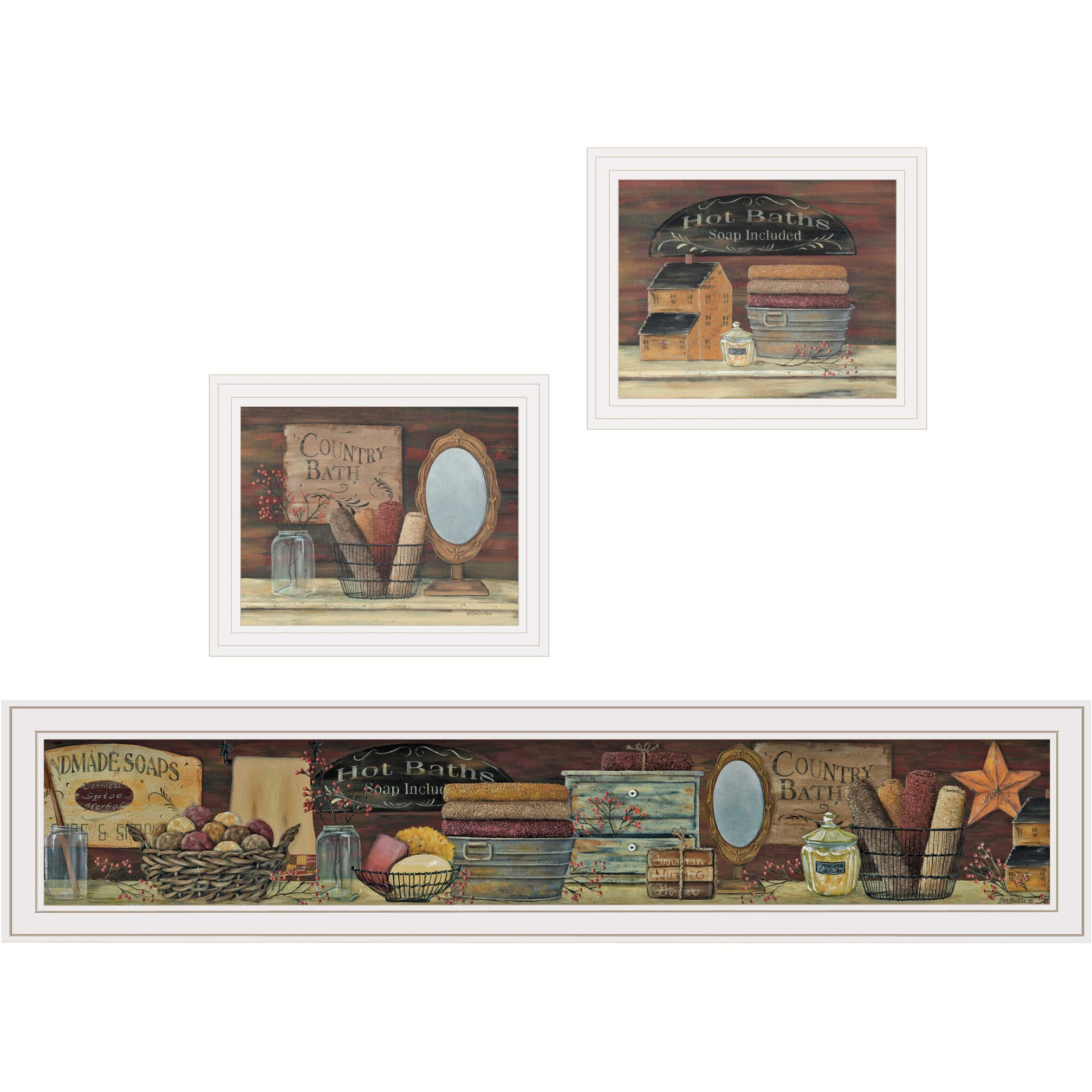 Set Of Three COUNTRY BATH White Framed Print Bathroom Wall Art