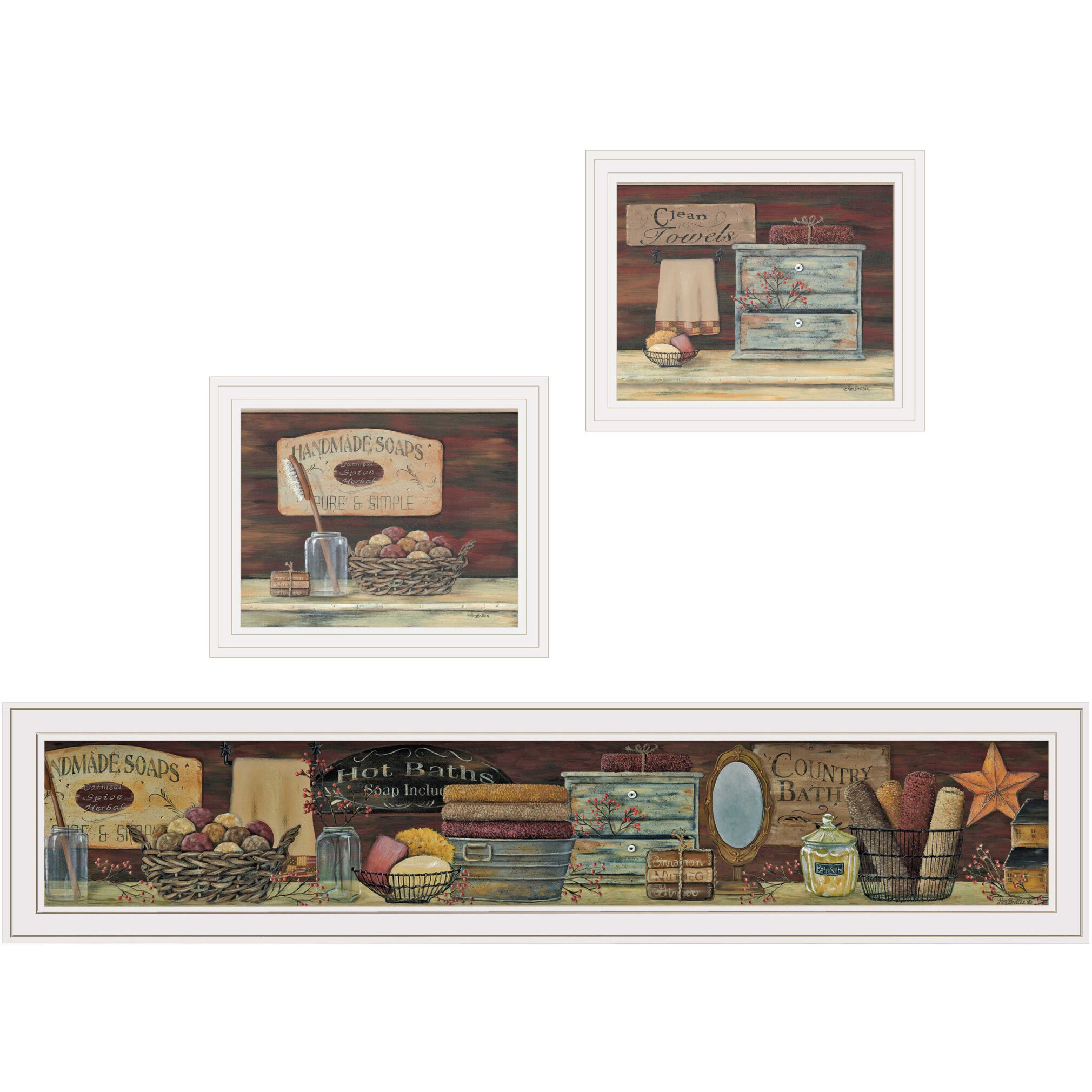 Set Of Three COUNTRY BATH White Framed Print Bathroom Wall Art