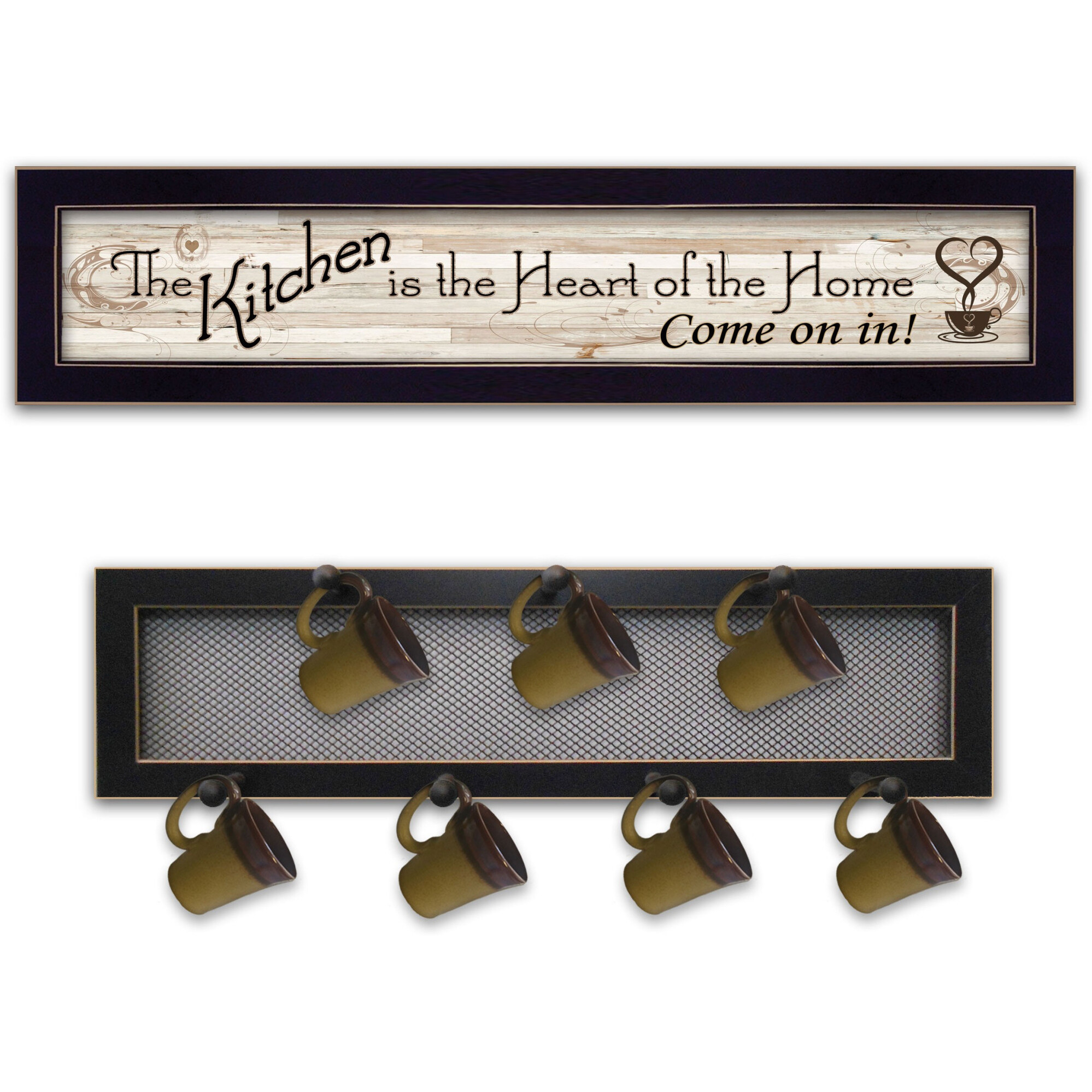 Set Of Two Heart Of The Home Black Framed Kitchen Wall Art With Seven Peg Mug Rack