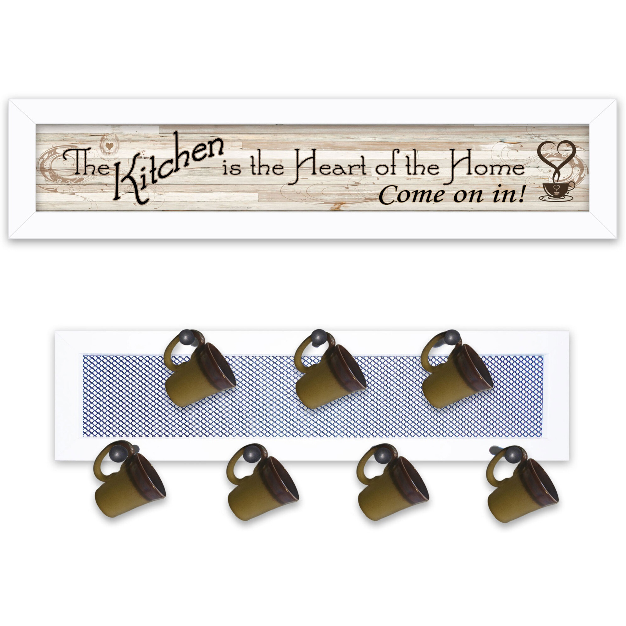 Set Of Two The Kitchen with Seven Peg Mug Rack White Framed Print Kitchen Wall Art