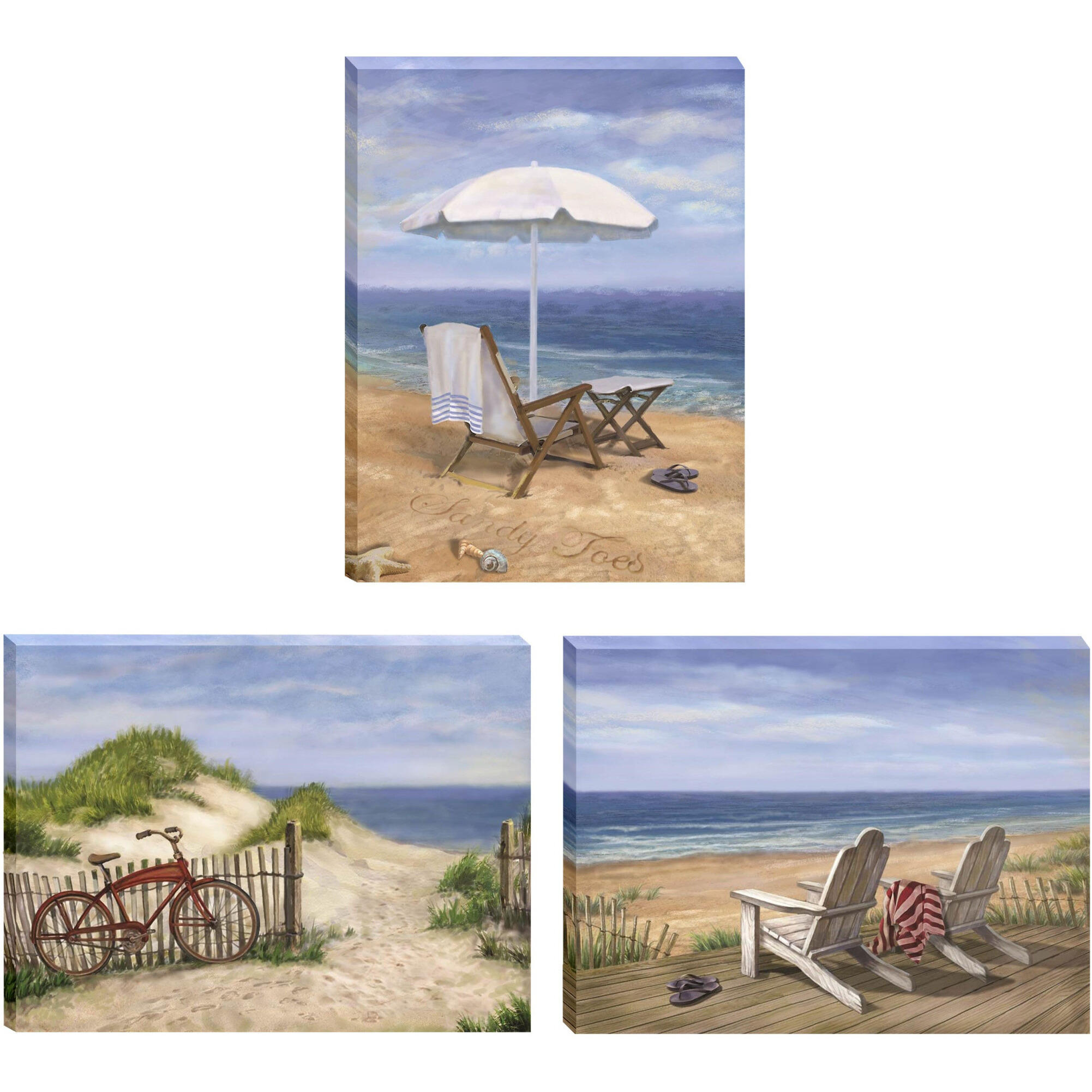 Set Of Three Sand Beach Designs Wrapped Canvas Print Wall Art