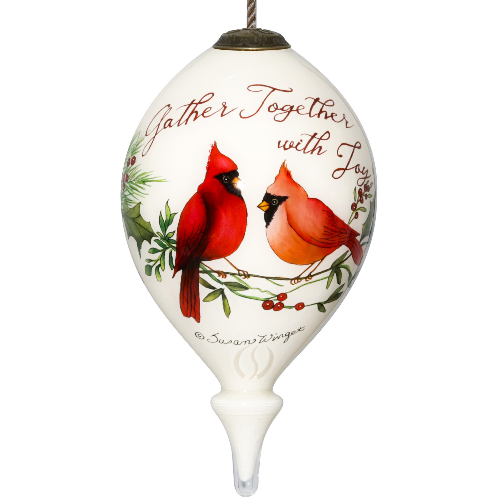 Gather Together With Joy Cardinals Hand Painted Mouth Blown Glass Ornament