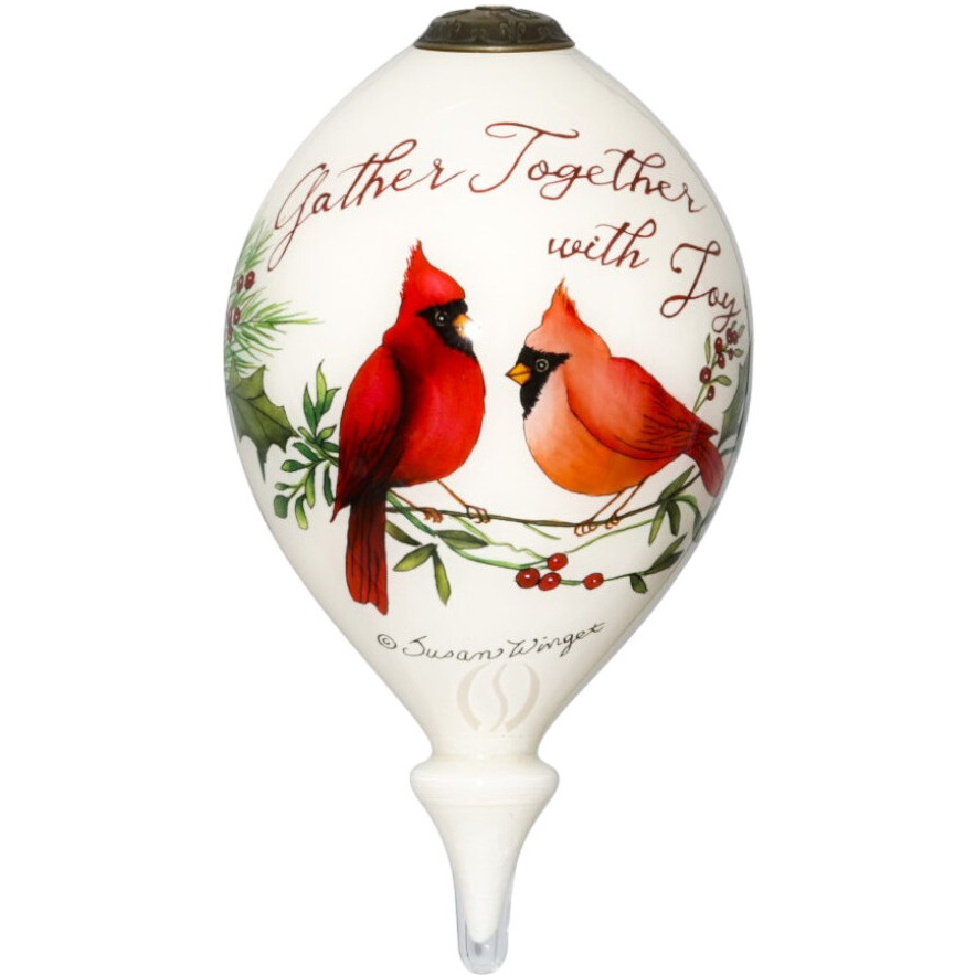 Gather Together With Joy Cardinals Hand Painted Mouth Blown Glass Ornament