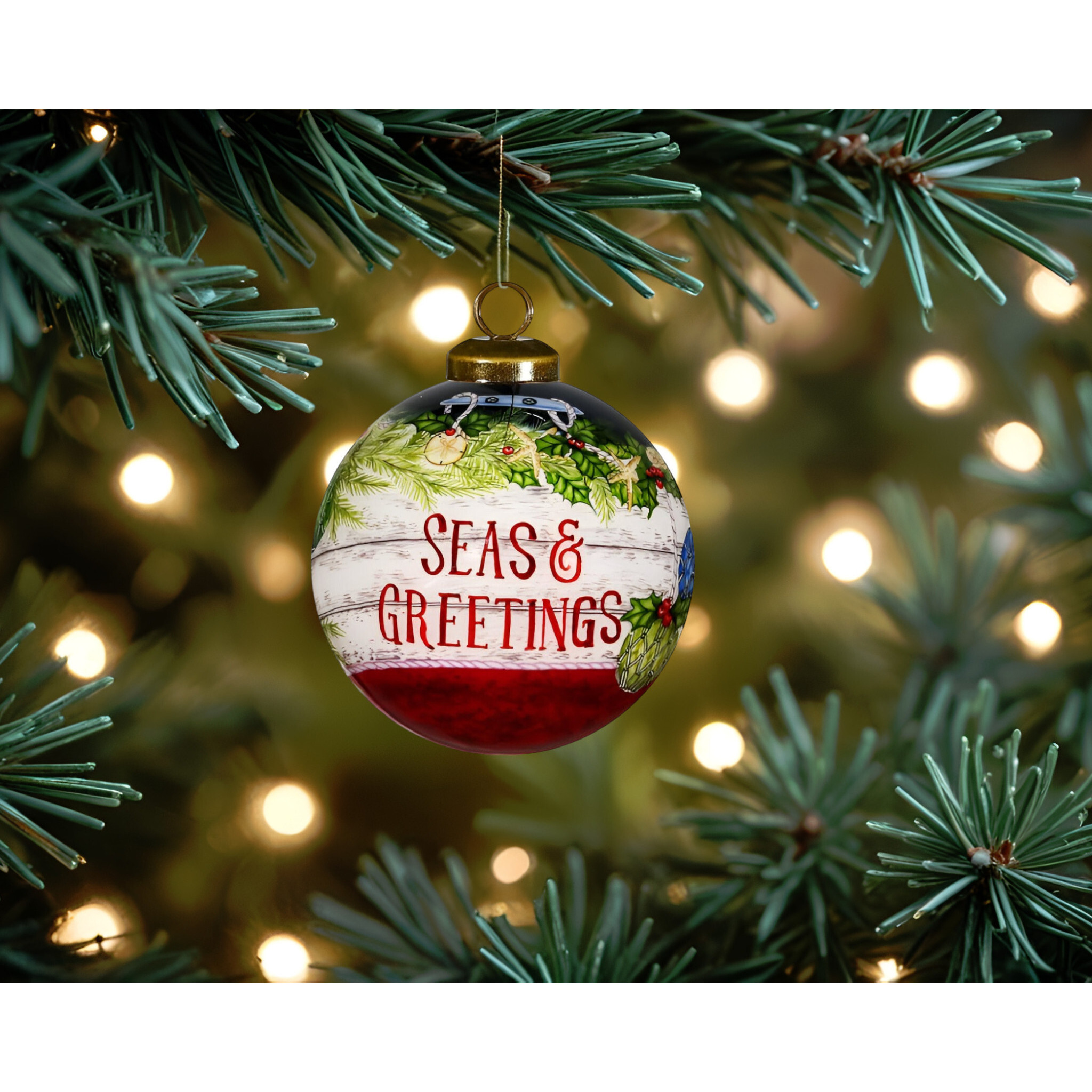 Holly Seas And Greetings Hand Painted Mouth Blown Glass Ornament