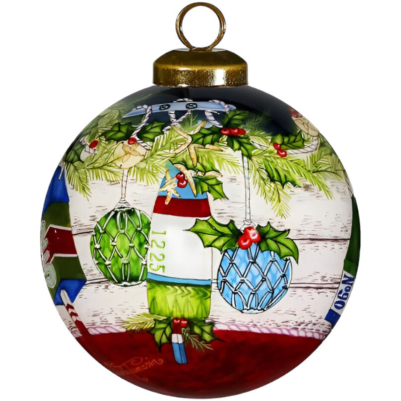 Holly Seas And Greetings Hand Painted Mouth Blown Glass Ornament