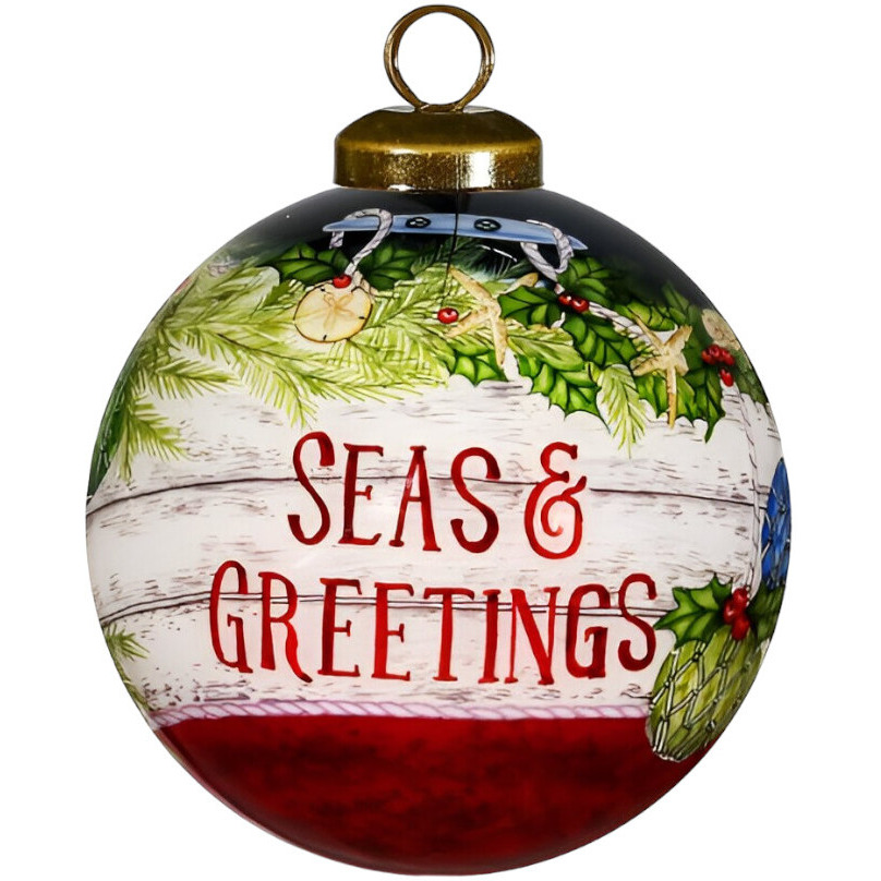 Holly Seas And Greetings Hand Painted Mouth Blown Glass Ornament