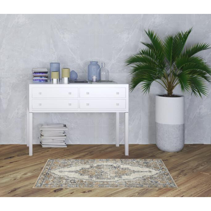 3' X 5' Grey And Light Blue Oriental Power Loom Non Skid Area Rug