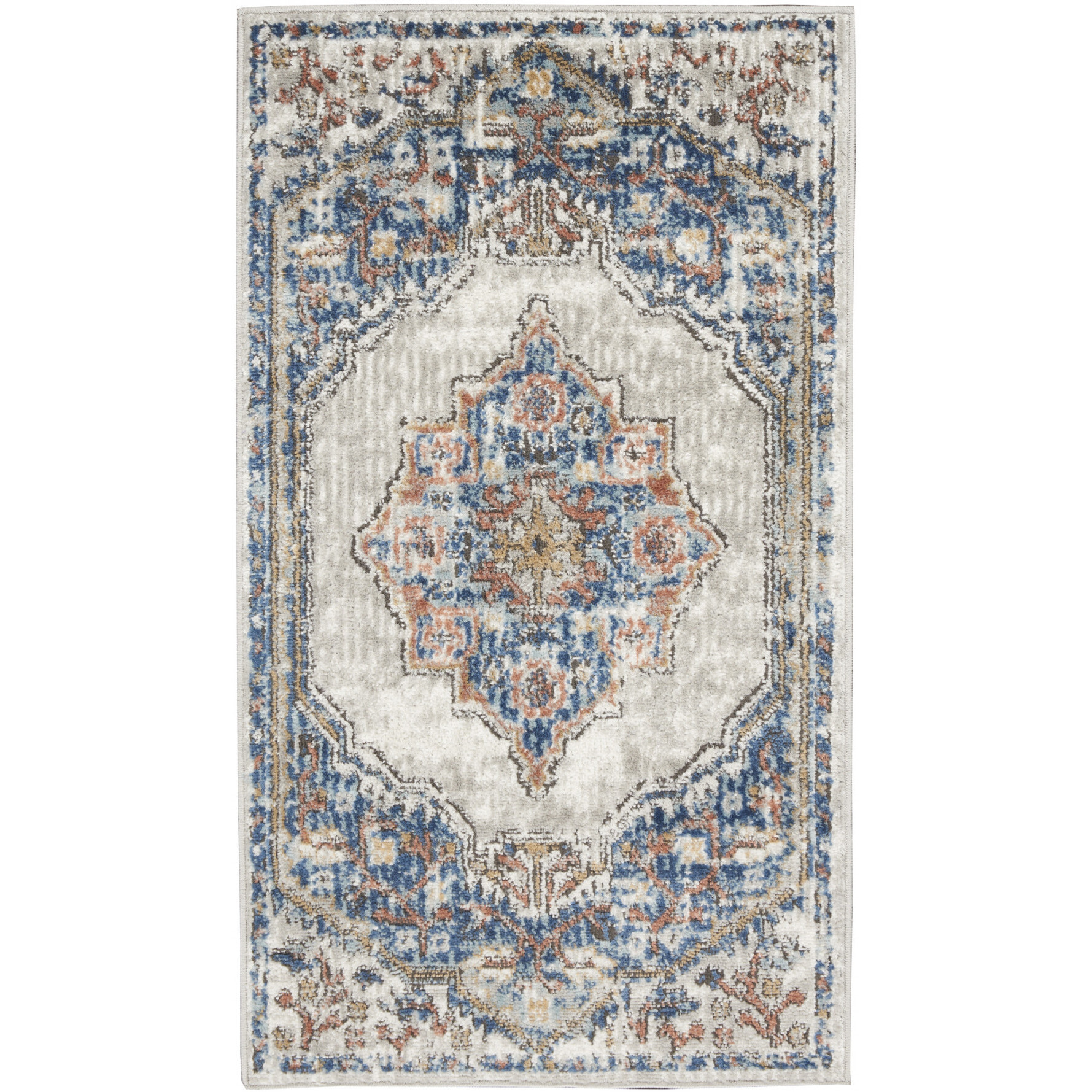 2' X 4' Blue And Grey Oriental Power Loom Non Skid Area Rug