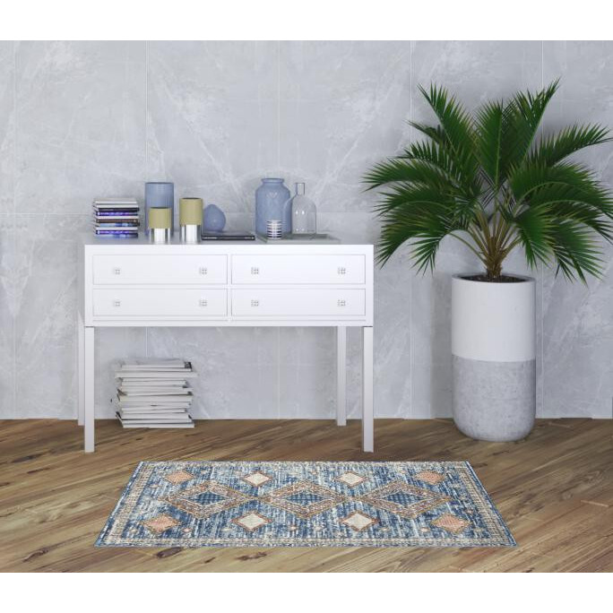 3' X 5' Blue Southwestern Power Loom Non Skid Area Rug