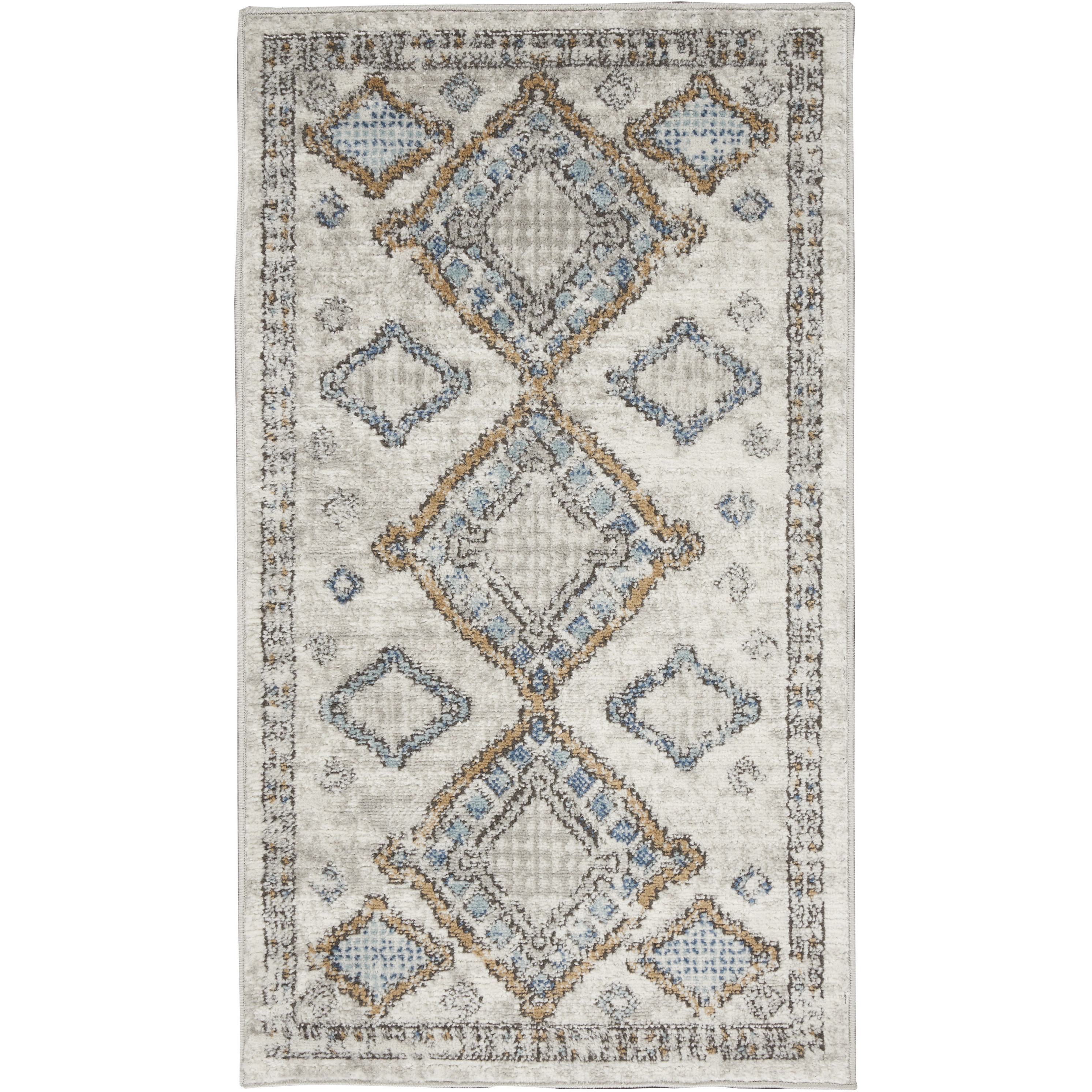 2' X 4' Ivory Grey And Blue Southwestern Power Loom Non Skid Area Rug