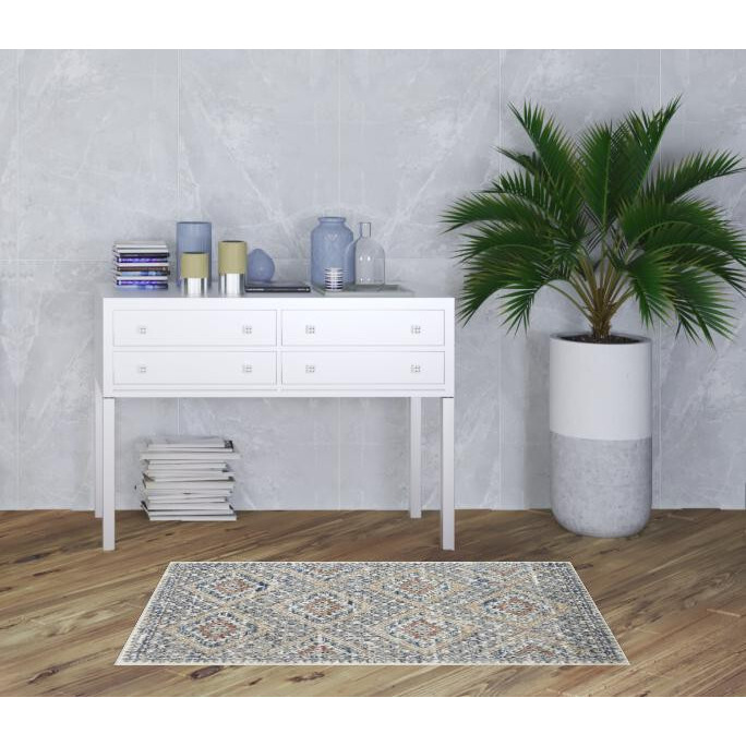 3' X 5' Blue And Ivory Southwestern Power Loom Non Skid Area Rug
