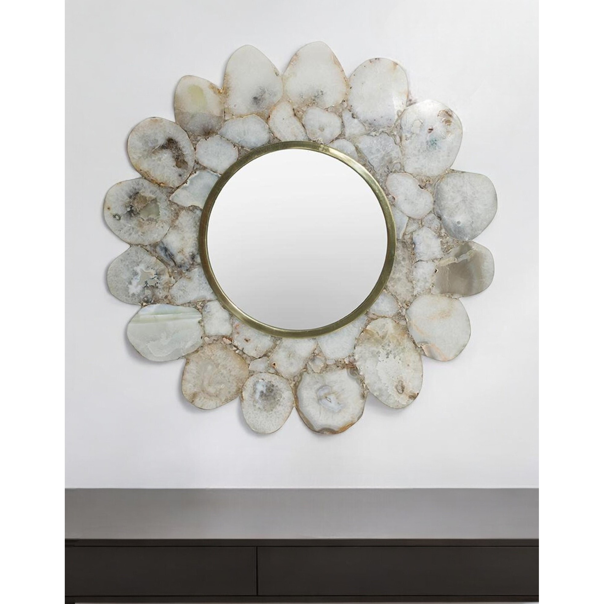 30" White and Gold Scalloped Stone Framed Accent Mirror