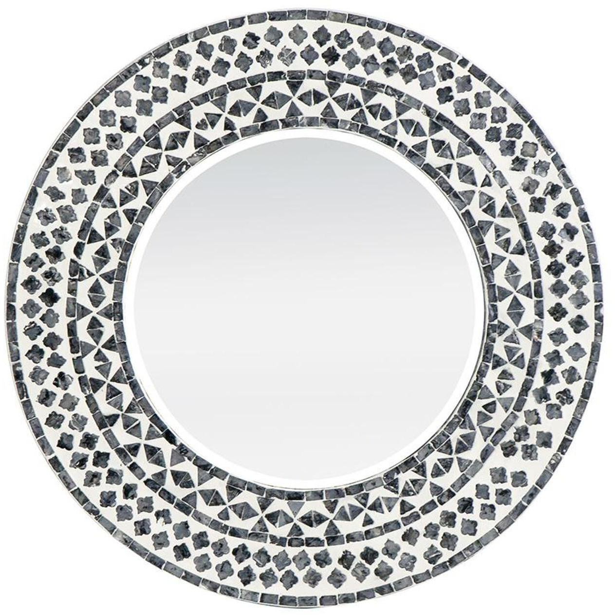 24" Black and White Round Manufactured Wood and Shell Framed Accent Mirror