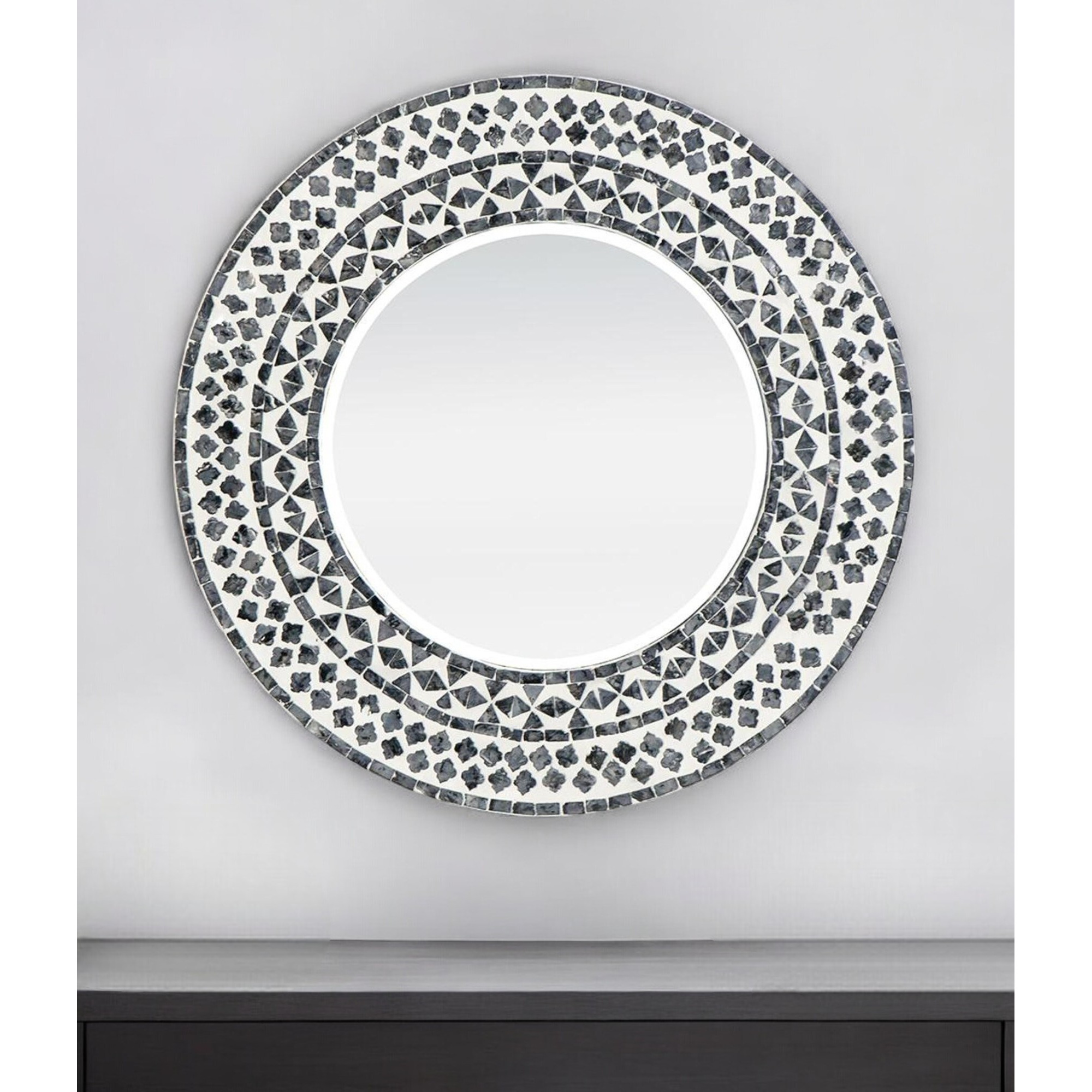24" Black and White Round Manufactured Wood and Shell Framed Accent Mirror