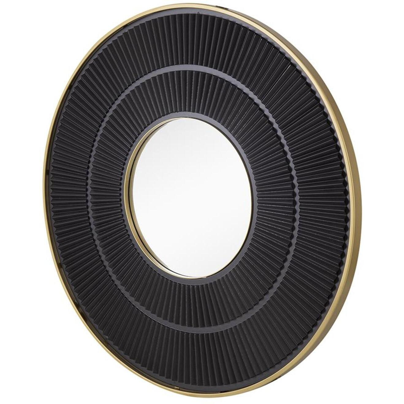 32" Black and Gold Round Manufactured Wood and Metal Framed Accent Mirror