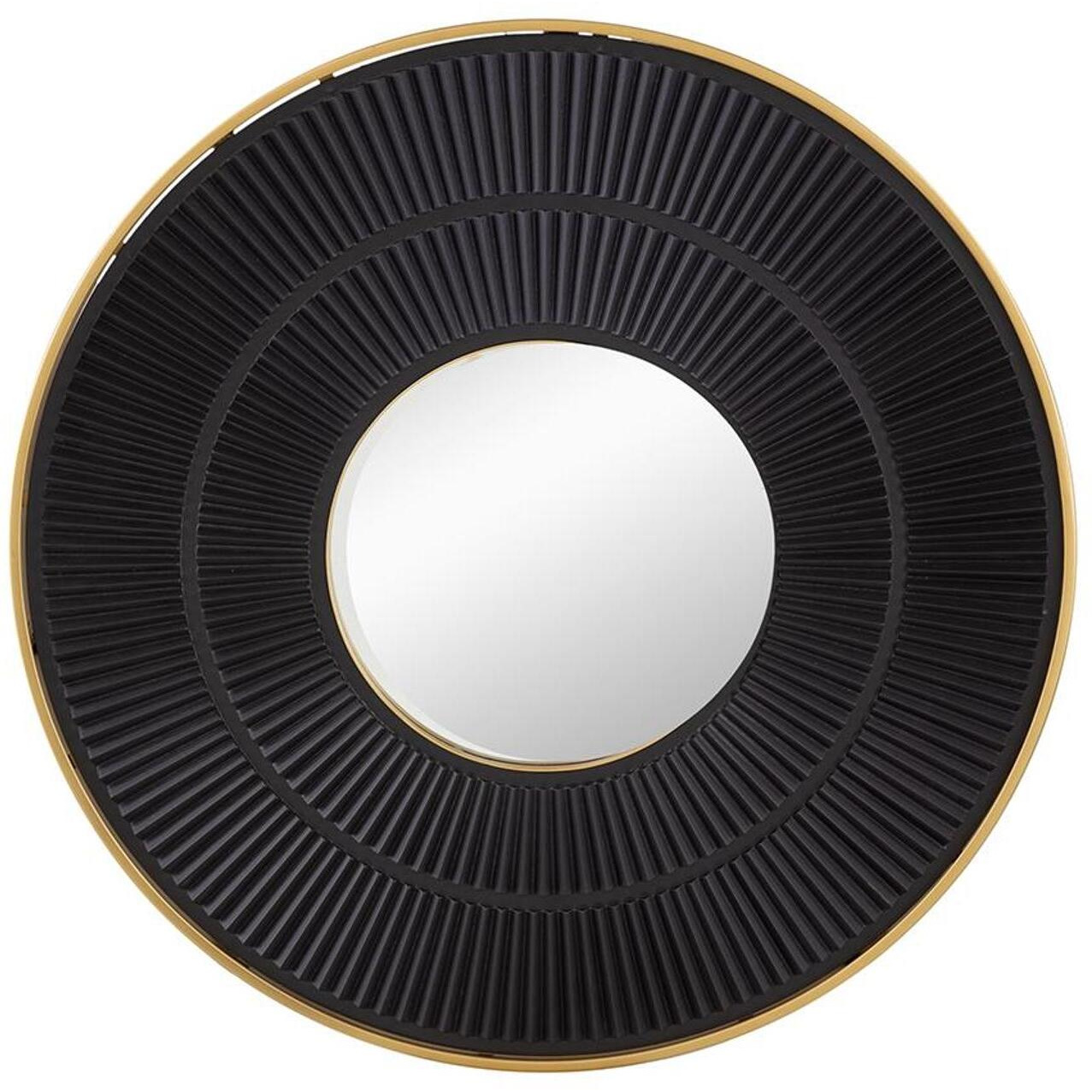 32" Black and Gold Round Manufactured Wood and Metal Framed Accent Mirror