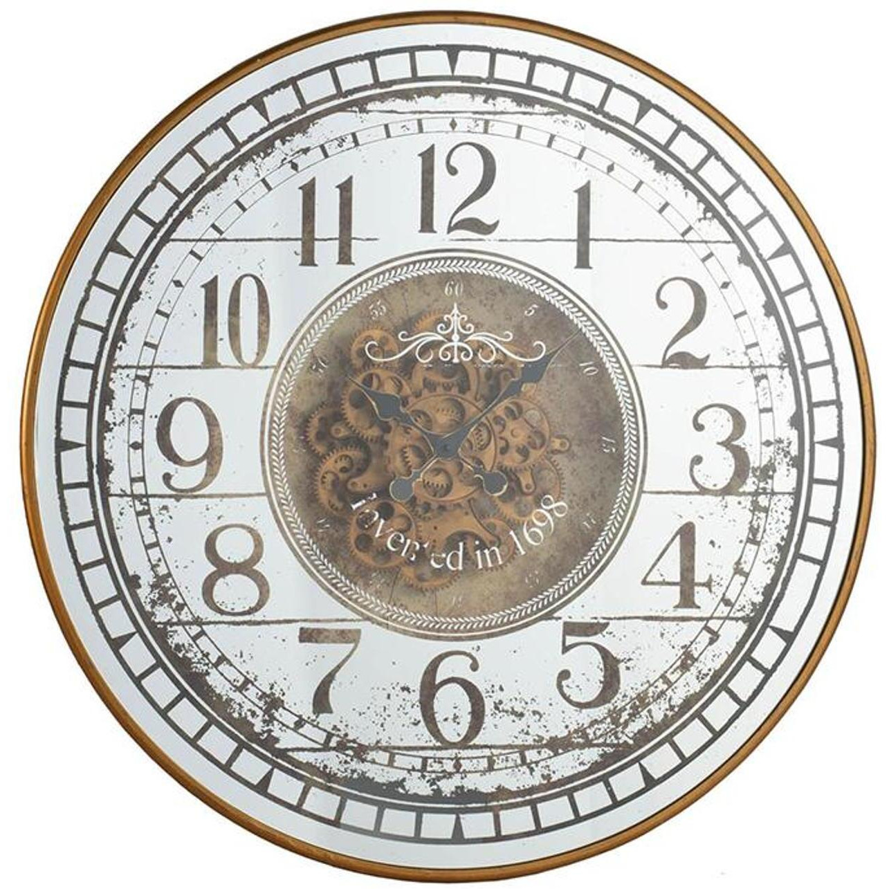 32" Circle Gold and Silver Metal and Mirror Analog Exposed Gear Wall Clock