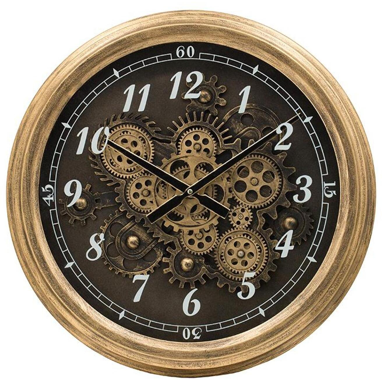 21" Circle Black and Gold Wood and Glass Analog Exposed Gear Wall Clock