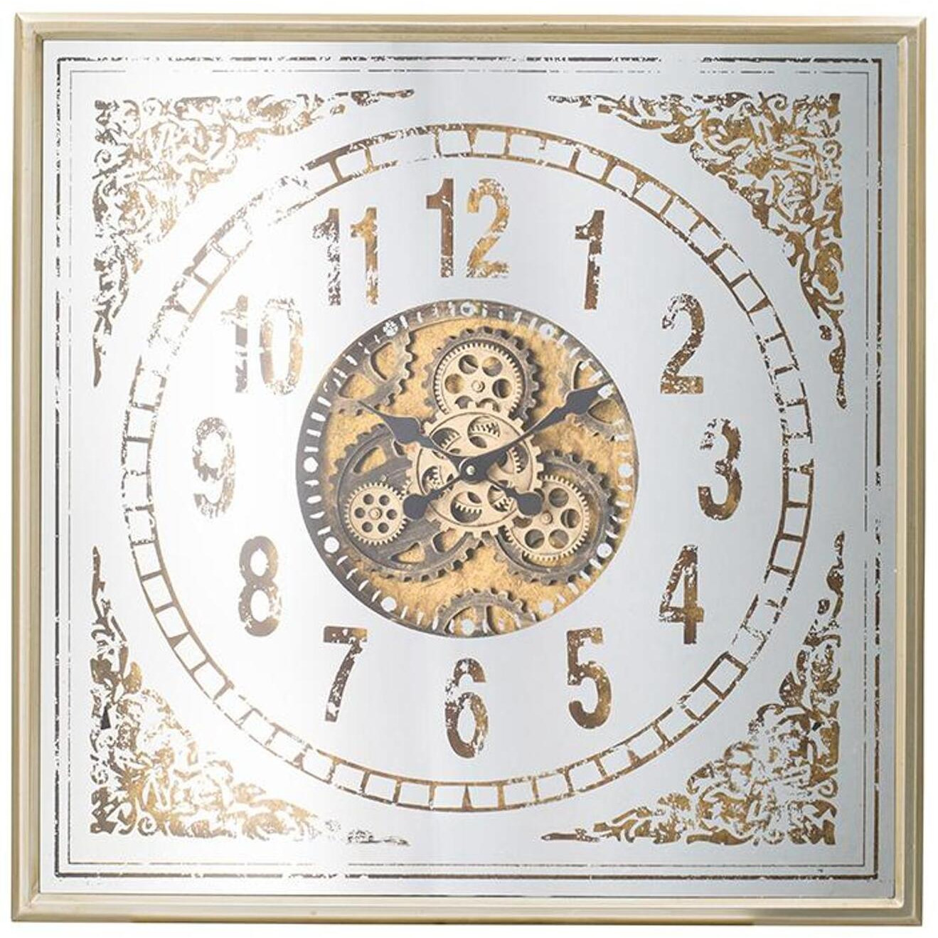 32" Square Gold and Silver Wood and Mirror Analog Exposed Gear Wall Clock