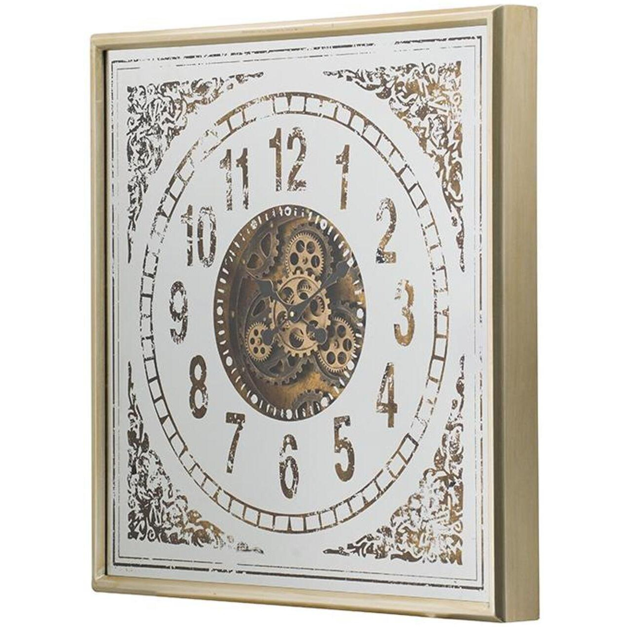 32" Square Gold and Silver Wood and Mirror Analog Exposed Gear Wall Clock