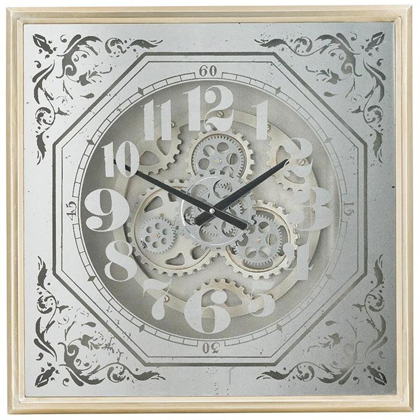 24" Square Gold and Silver Wood and Mirror Exposed Gear Wall Clock