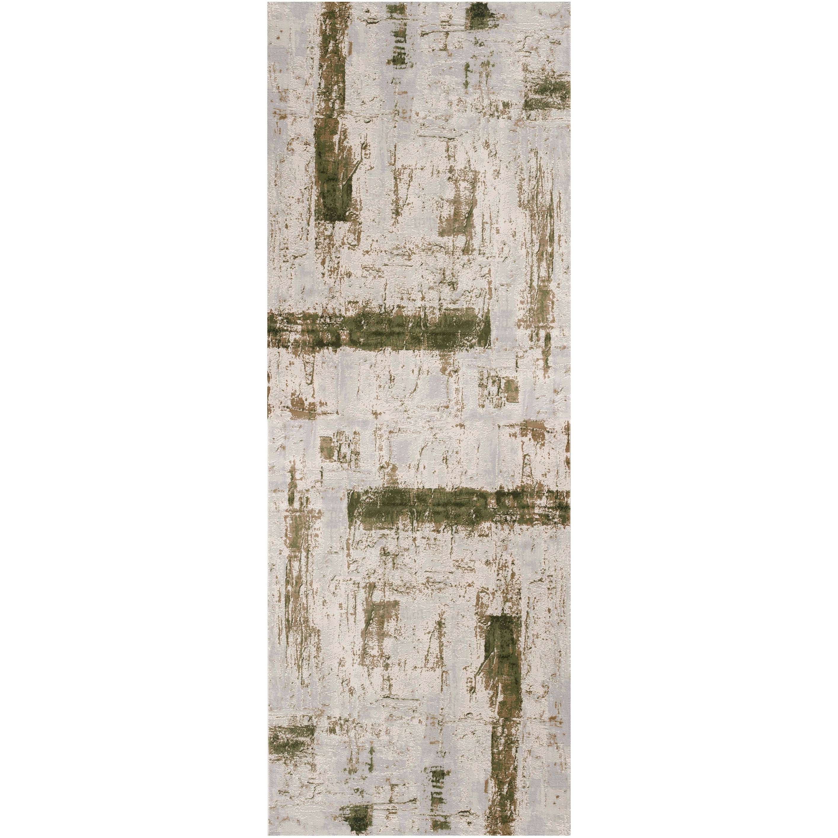 8' Ivory and Green Abstract Power Loom Distressed Runner Rug