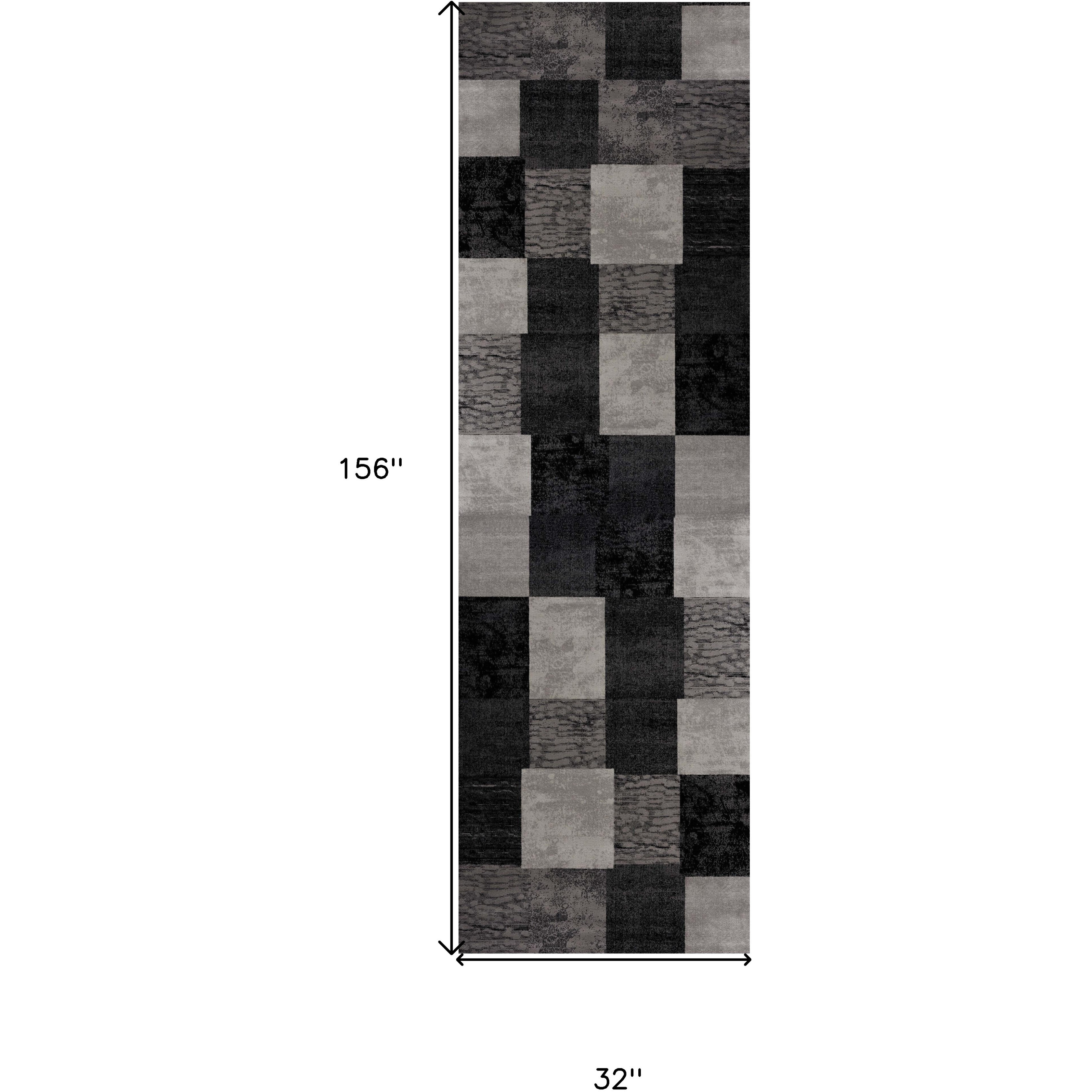 13' Gray and Black Geometric Power Loom Distressed Runner Rug