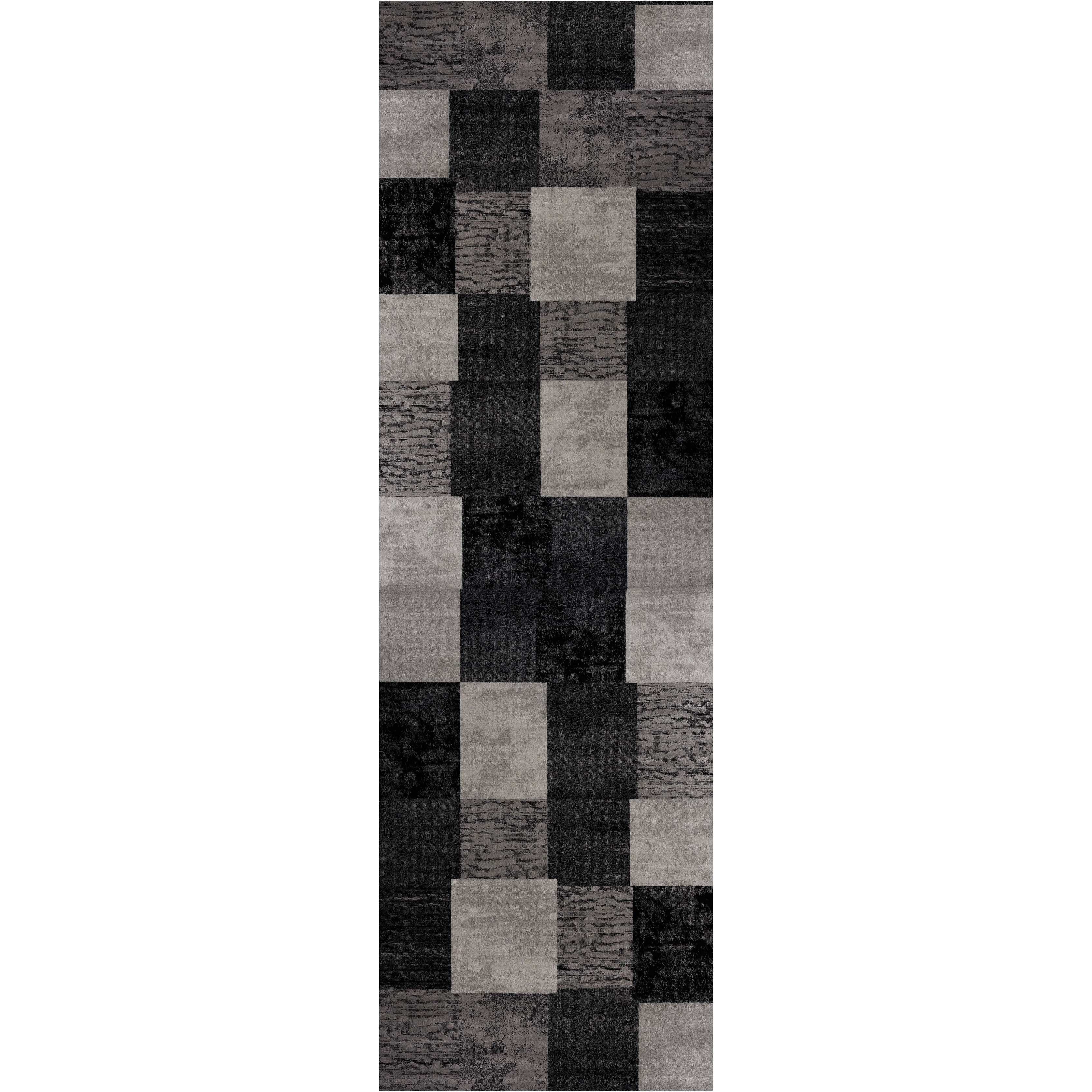 13' Gray and Black Geometric Power Loom Distressed Runner Rug