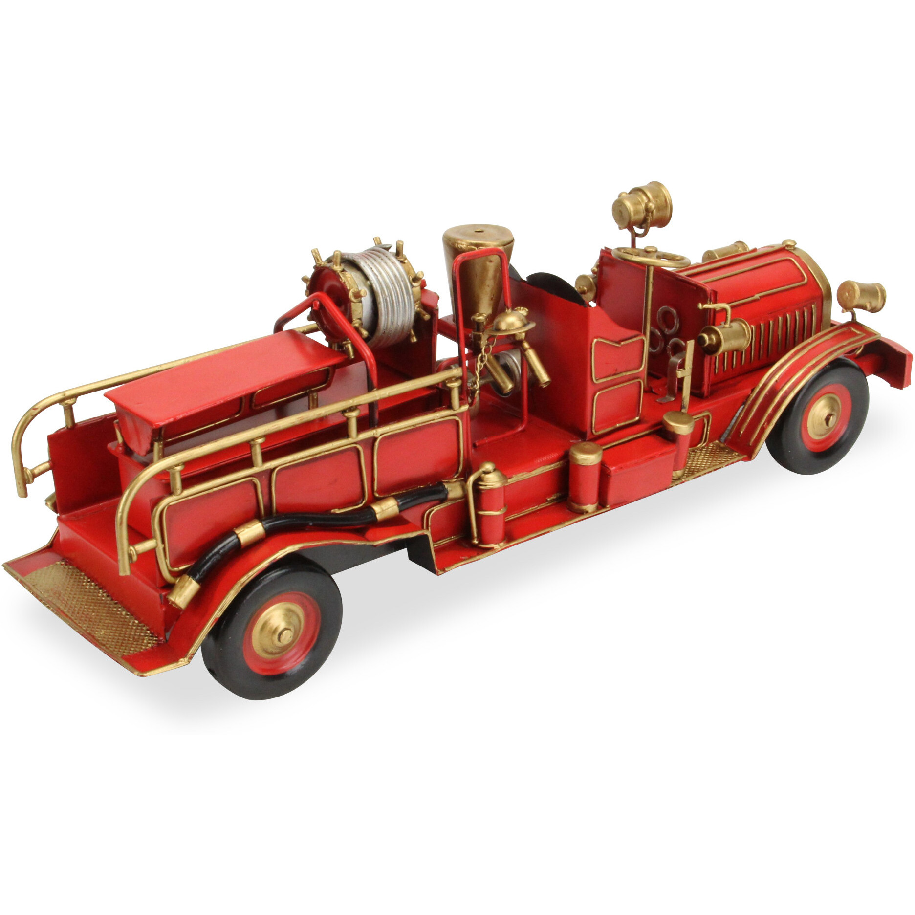 6" Red and Gold Metal Hand Painted Early 20th Century Red Fire Engine Model Car