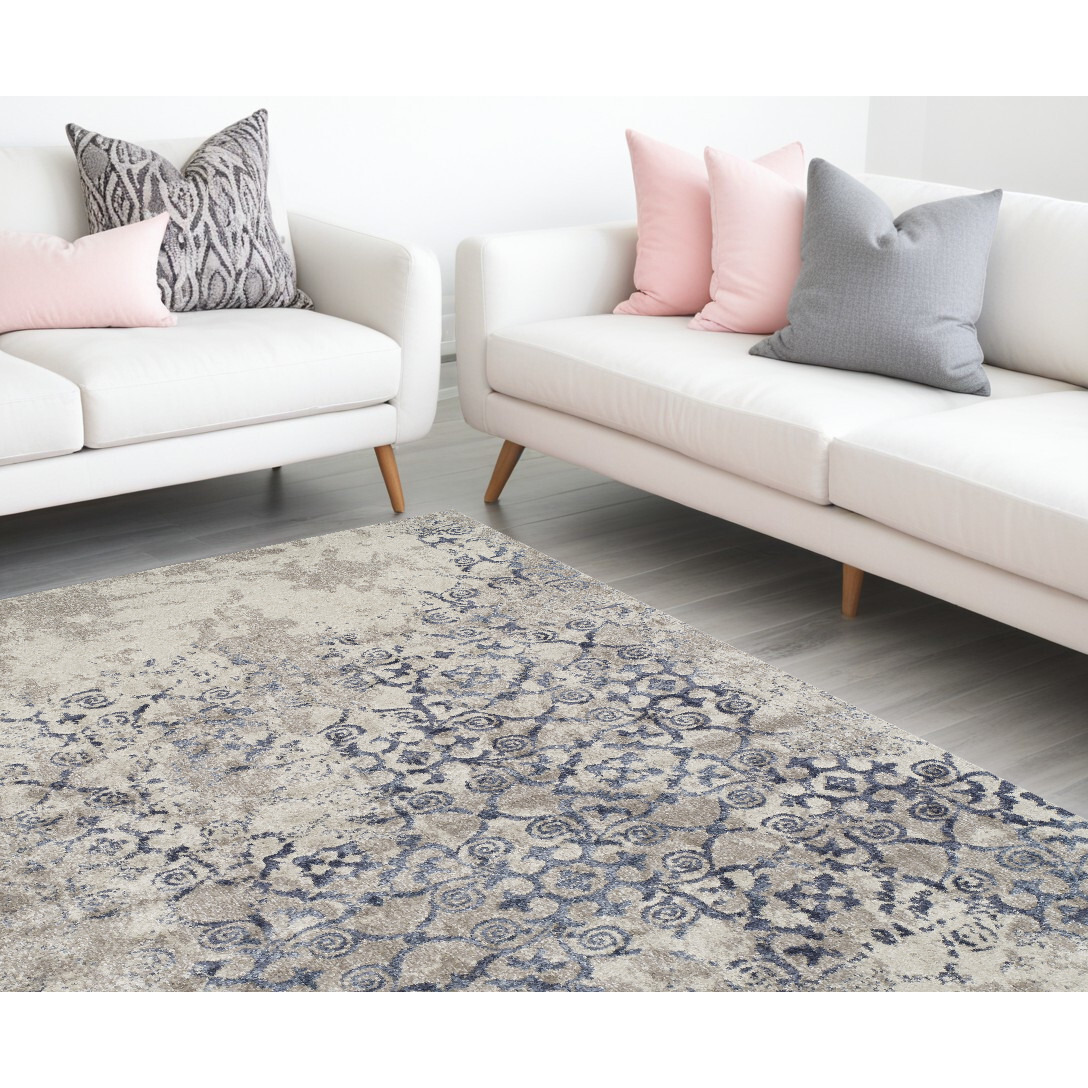 8' X 11' Blue and Ivory Oriental Distressed Area Rug