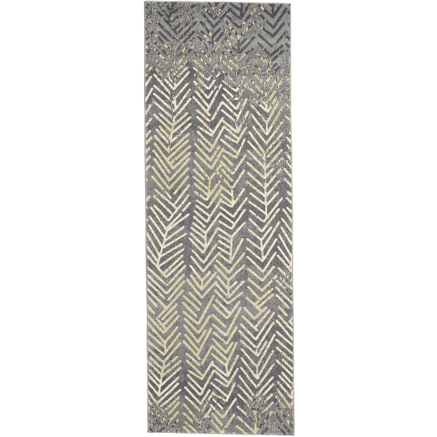 8' Gray and Yellow Geometric Power Loom Distressed Runner Rug