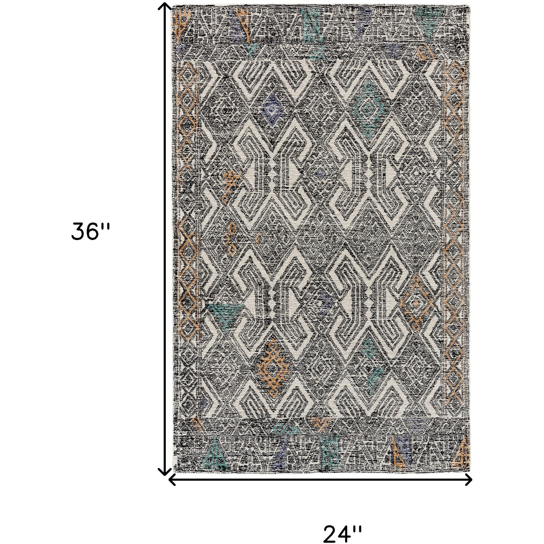 2' X 3' Black and Ivory Wool Chevron Hand Tufted Distressed Area Rug