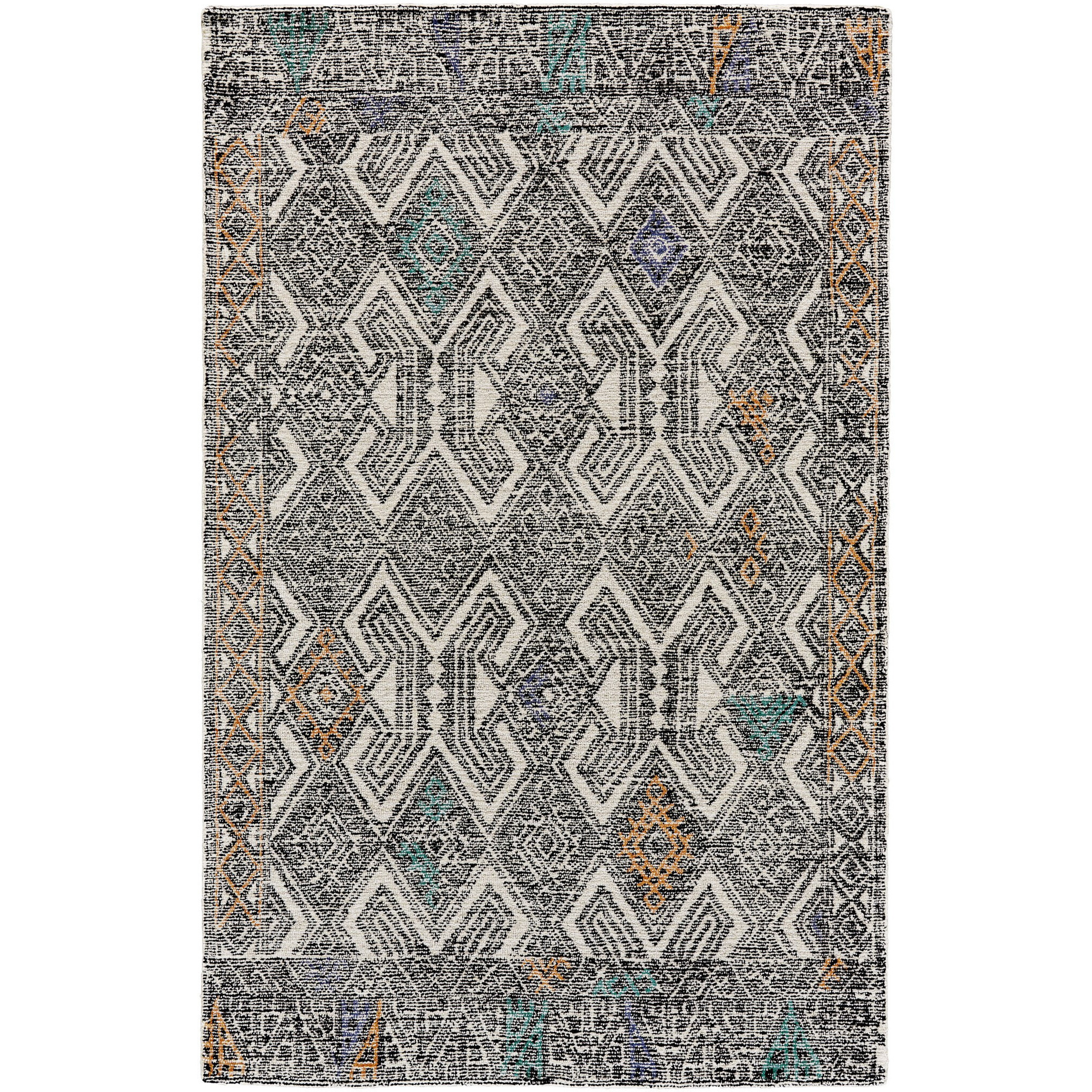 2' X 3' Black and Ivory Wool Chevron Hand Tufted Distressed Area Rug