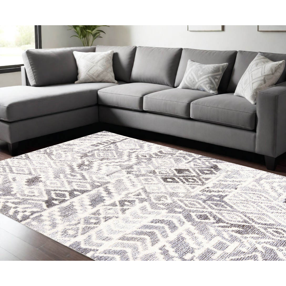 8' X 10' Gray and White Wool Abstract Geometric Hand Tufted Area Rug