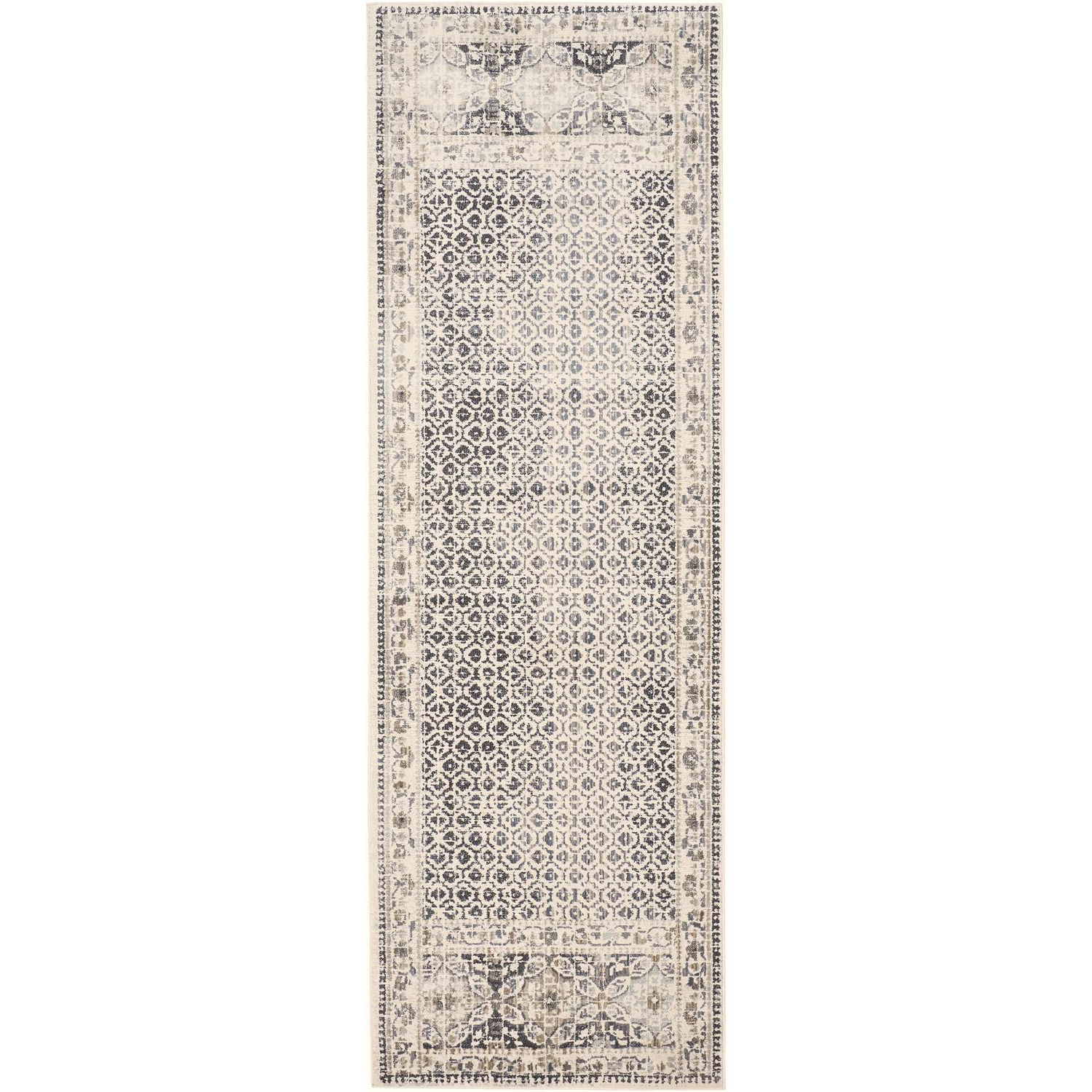 8' Gray and Ivory Abstract Geometric Power Loom Distressed Runner Rug