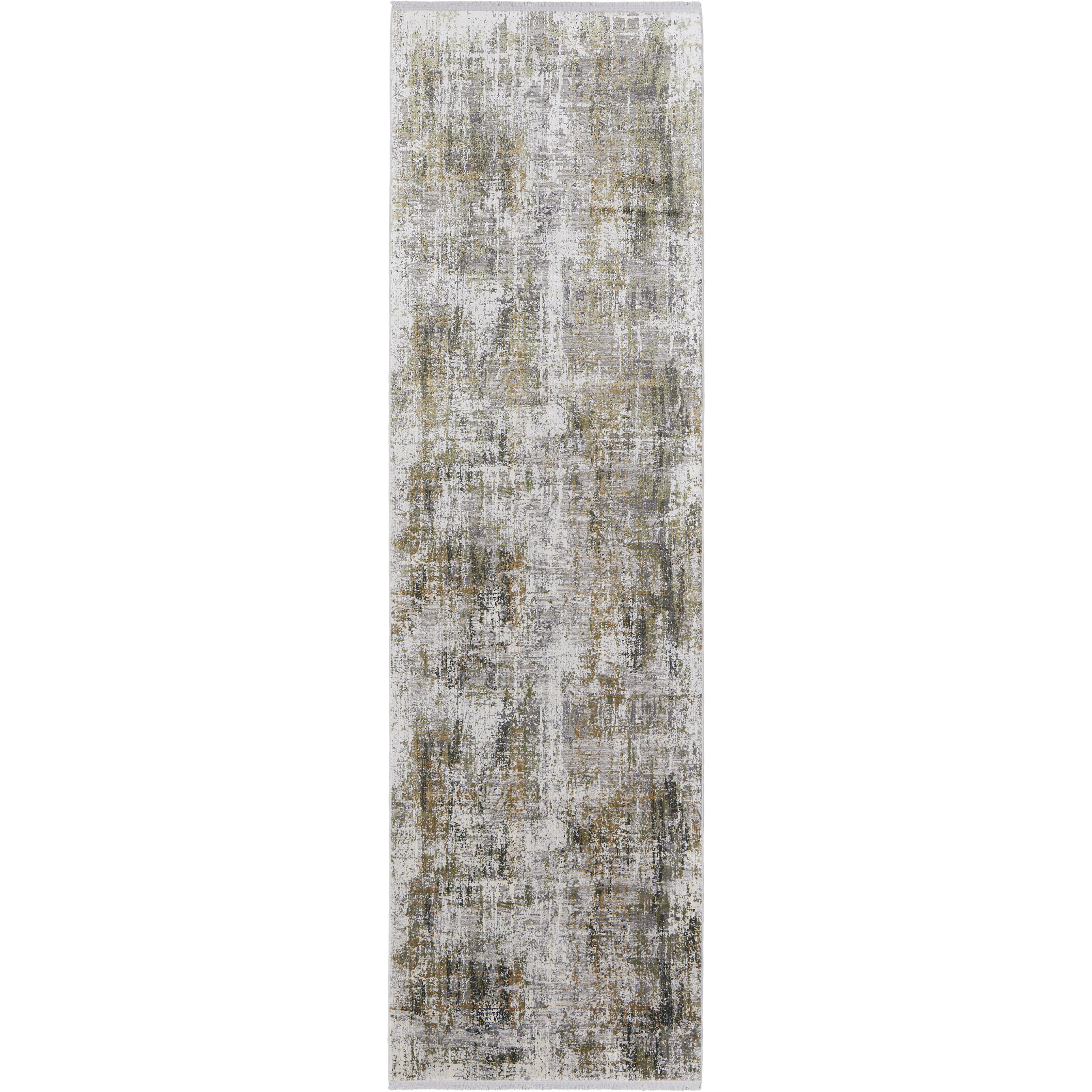 10' Gray and Ivory Abstract Power Loom Runner Rug With Fringe