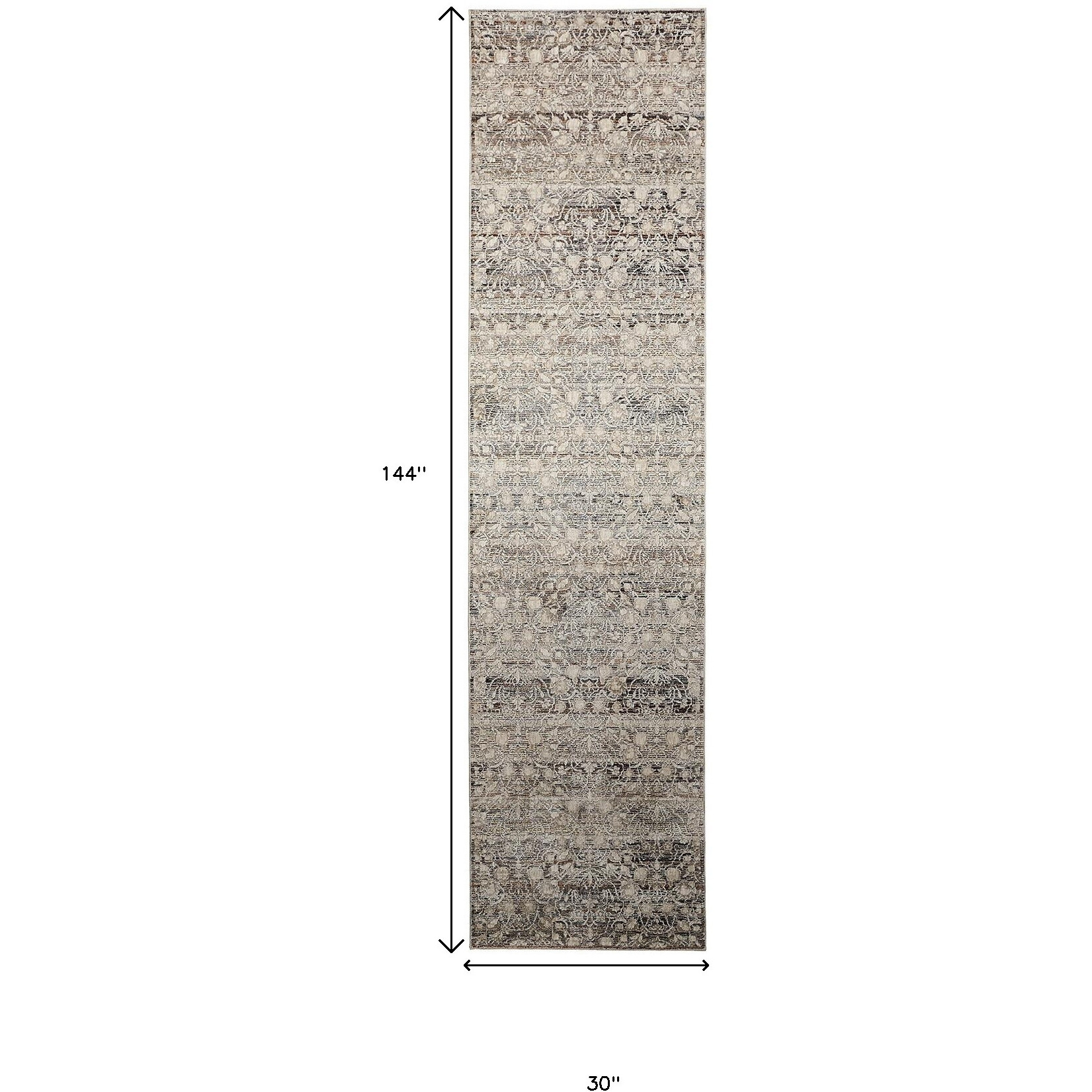 12' Gray and Ivory Oriental Power Loom Distressed Runner Rug With Fringe