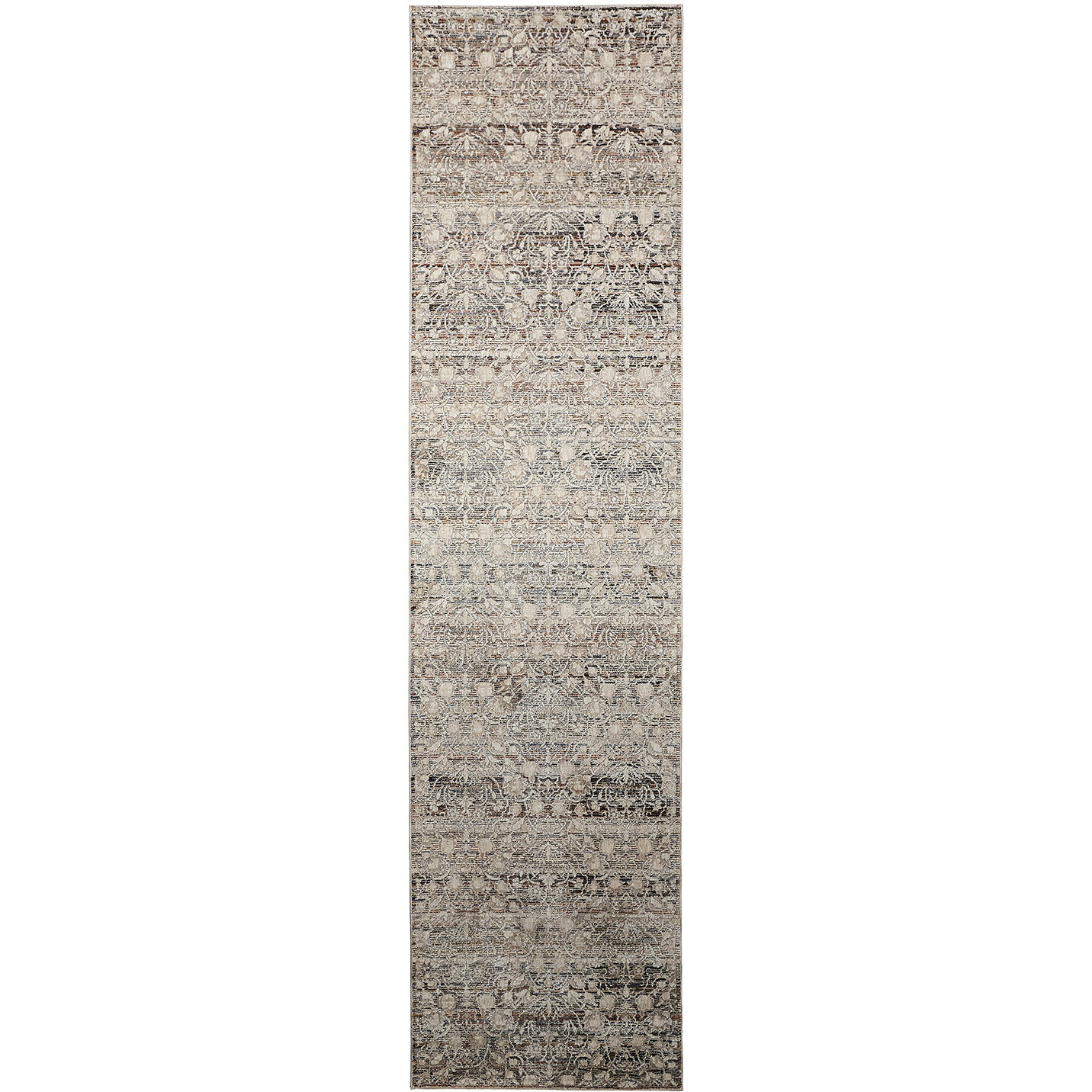 12' Gray and Ivory Oriental Power Loom Distressed Runner Rug With Fringe