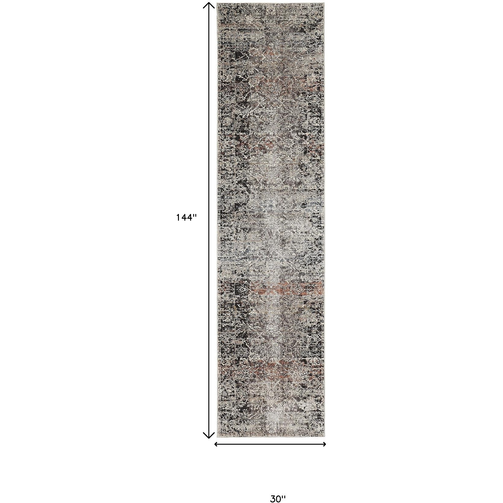 12' Gray Black and Red Oriental Power Loom Distressed Runner Rug With Fringe