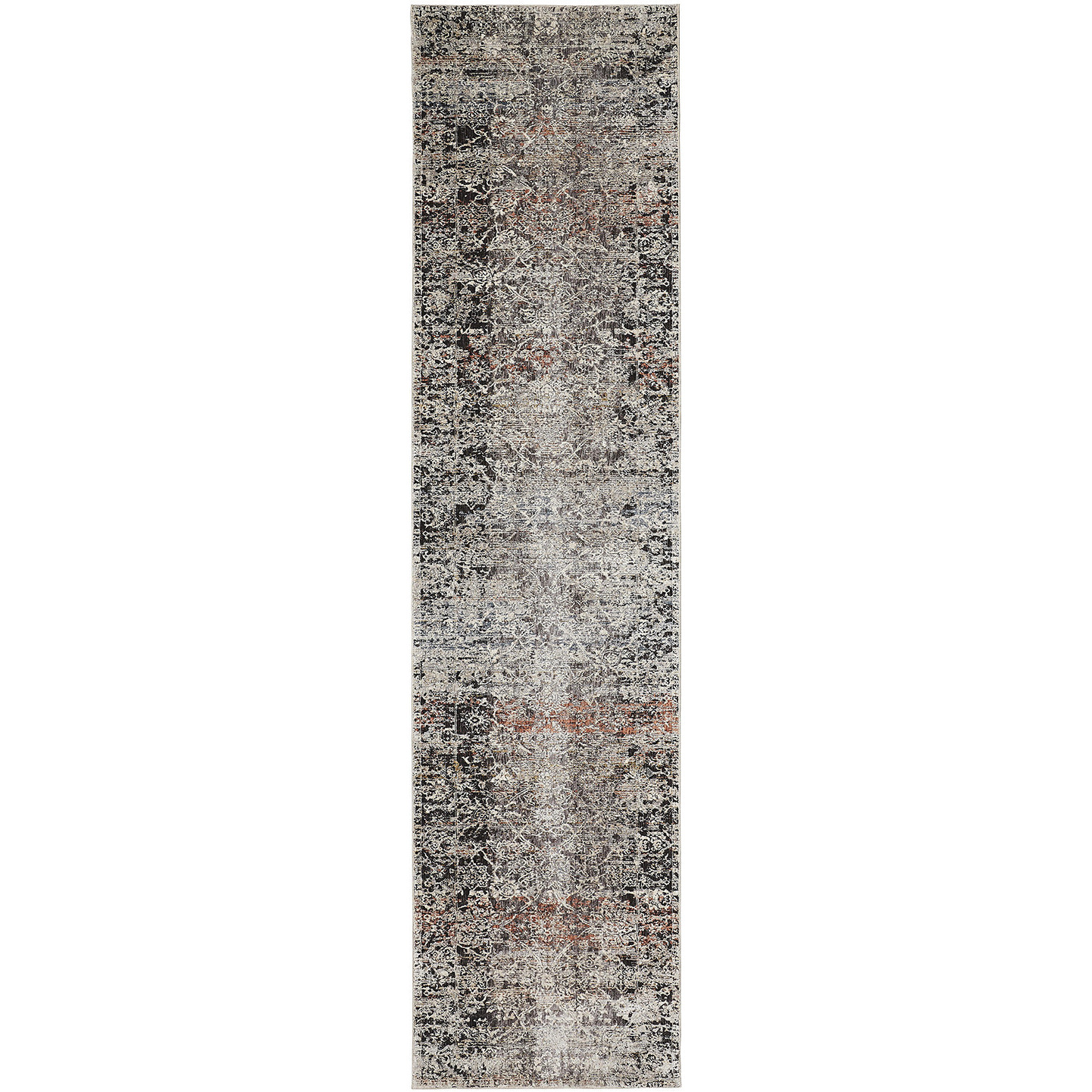 12' Gray Black and Red Oriental Power Loom Distressed Runner Rug With Fringe