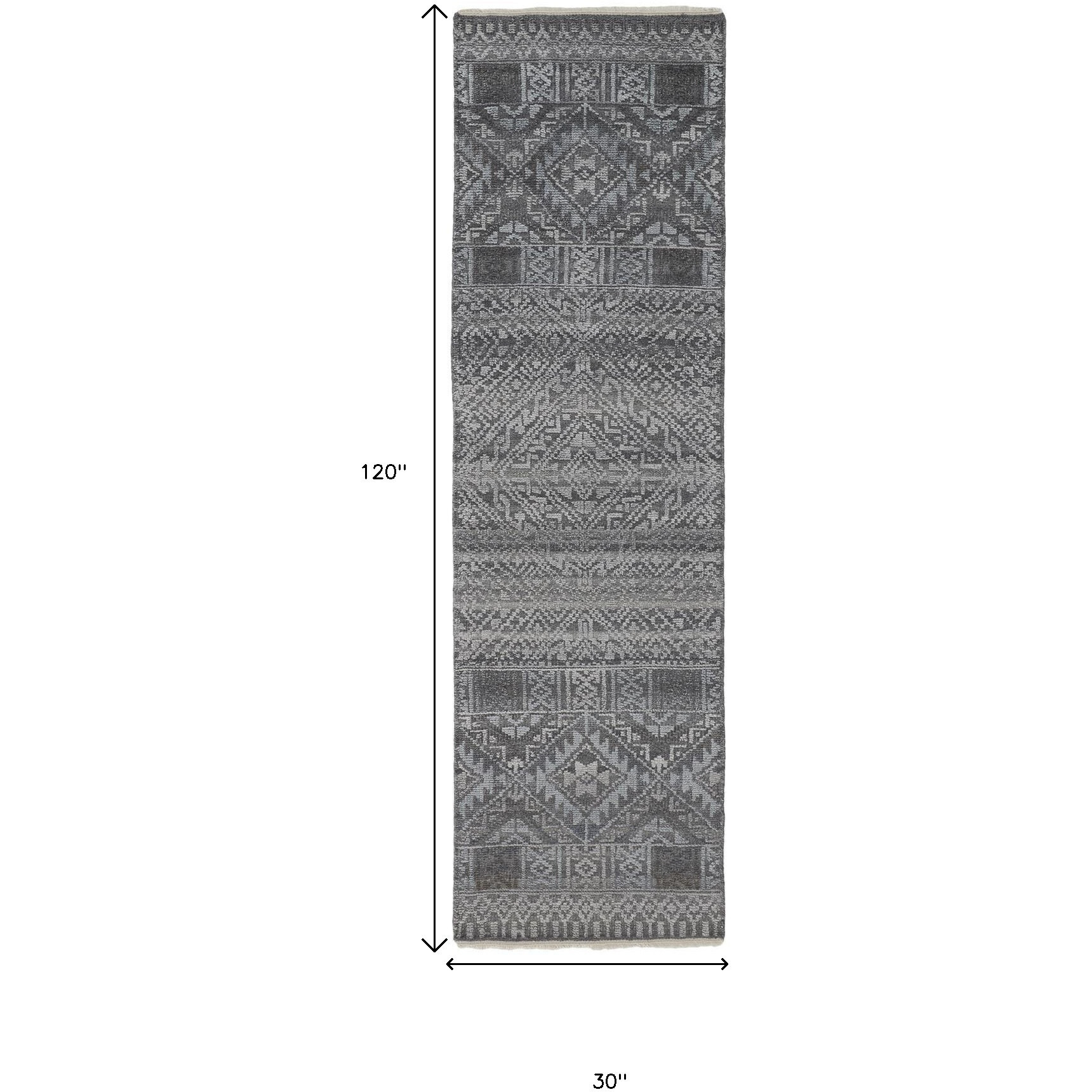 10' Gray Ivory and Blue Geometric Hand Knotted Runner Rug With Fringe