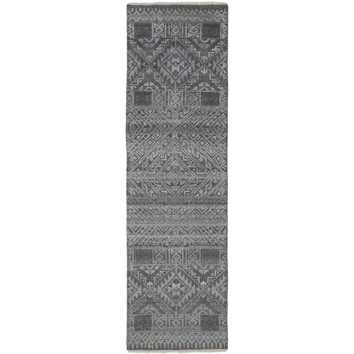 10' Gray Ivory and Blue Geometric Hand Knotted Runner Rug With Fringe