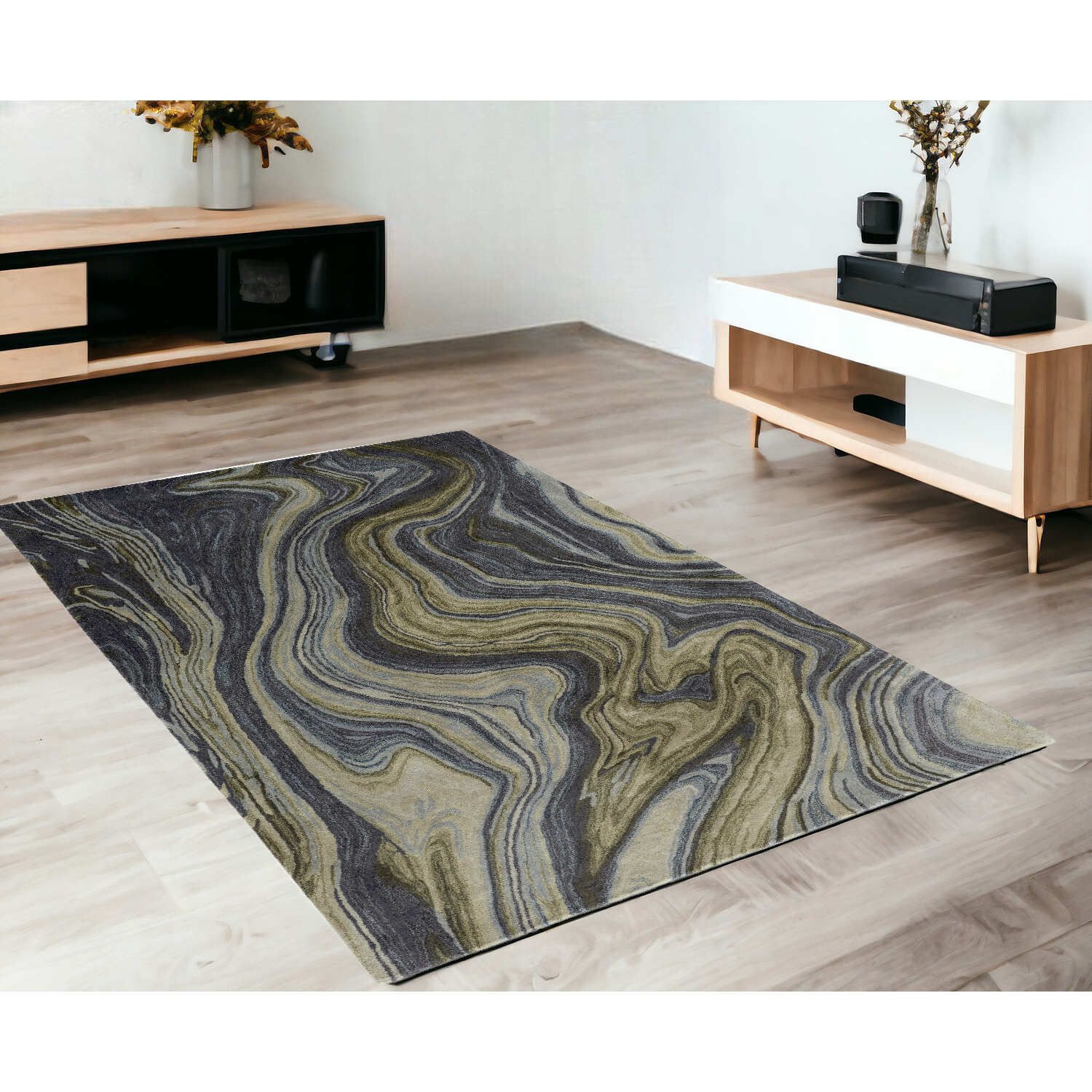 4' X 6' Blue and Green Abstract Hand Tufted Area Rug