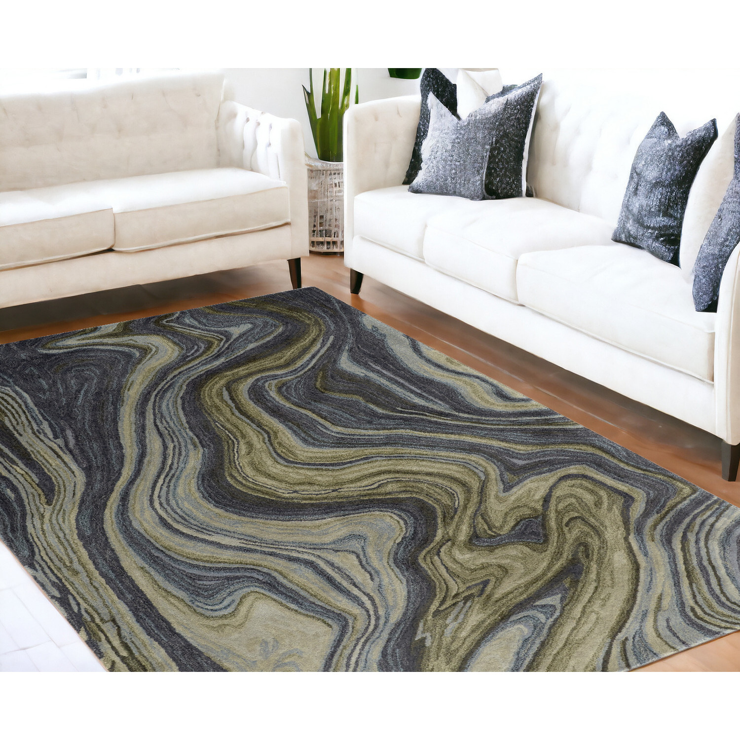 5' X 8' Blue and Green Abstract Hand Tufted Area Rug