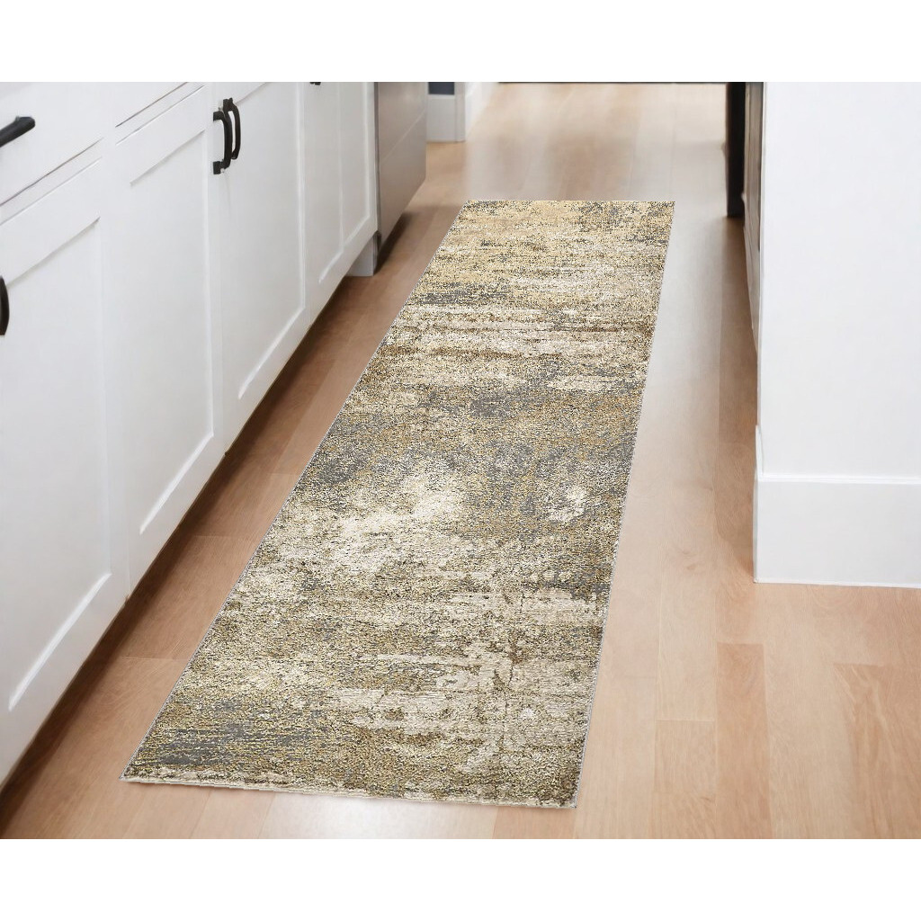 8' Gold and Ivory Abstract Power Loom Runner Rug